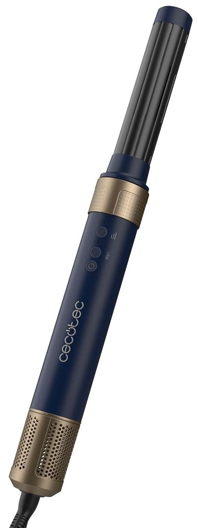 Niebiesko-złota lokówka z czarnym przewodem i czarną częścią do kręcenia.