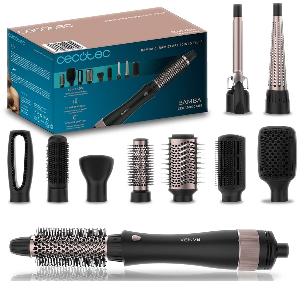 Zestaw do stylizacji włosów z różnymi nasadkami. Widoczne pudełko i styler.