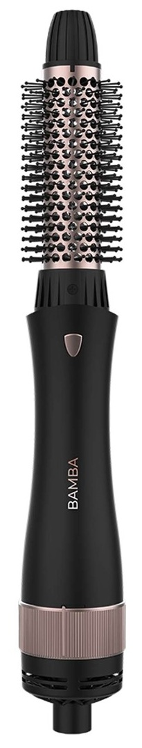 Czarna szczotka do suszenia włosów z różowo-złotym akcentem i czarnym włosiem.