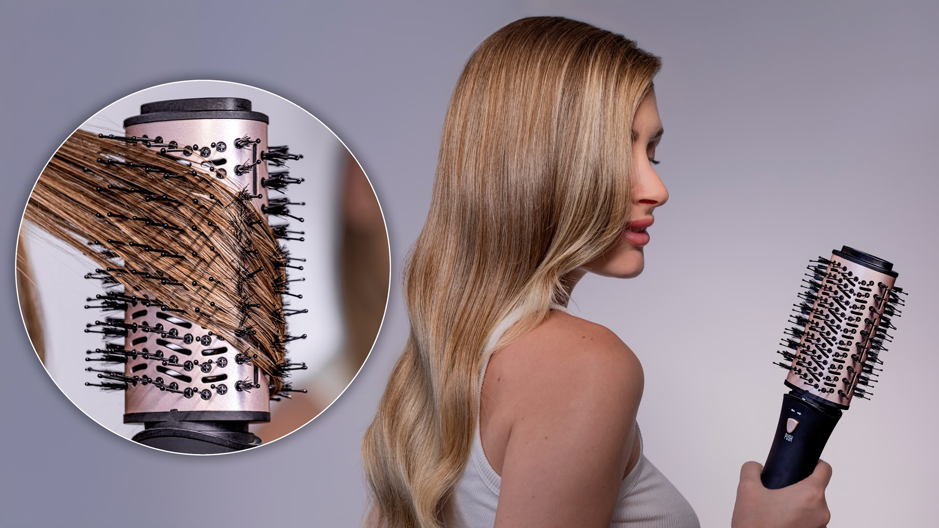 Kobieta z blond włosami i szczotką do suszarki. Szczotka pokazana w użyciu i z bliska.