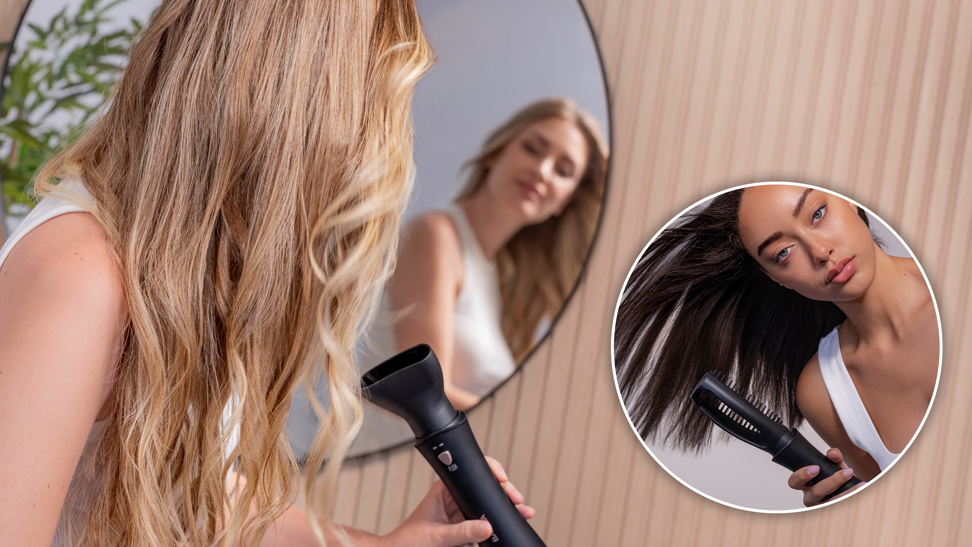 Kobieta używa suszarki do włosów przed lustrem, widoczne jest również odbicie.