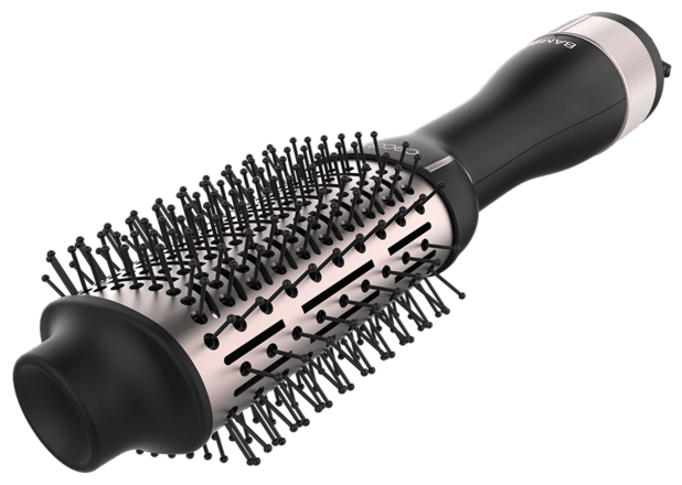 Szczegół czarnej i srebrnej szczotki do stylizacji włosów.