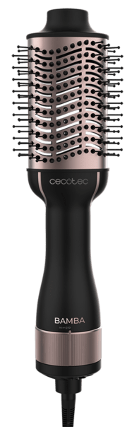 Czarna i różowo-złota szczotka do suszenia włosów z nadrukowaną marką Cecotec i Bamba.