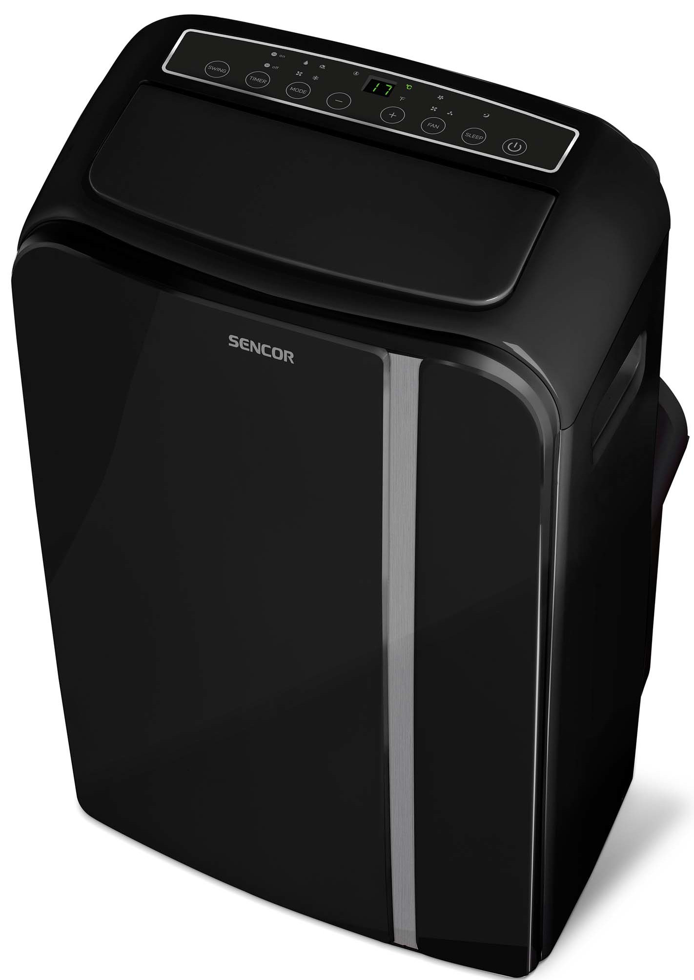 Czarny przenośny klimatyzator z panelem sterowania i pionowym srebrnym paskiem.