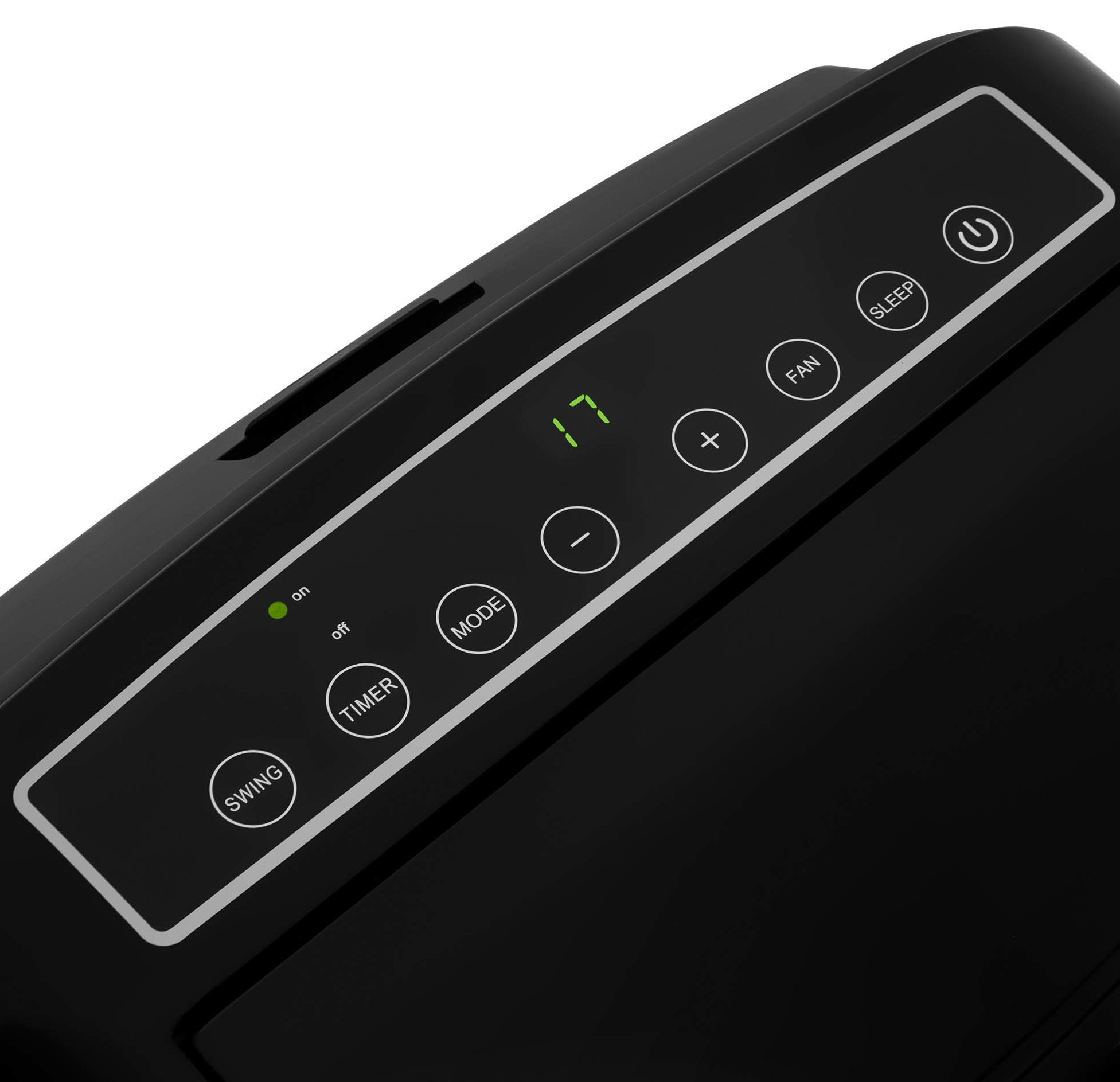 Czarny panel sterowania klimatyzacji, pokazujący przyciski ustawień.