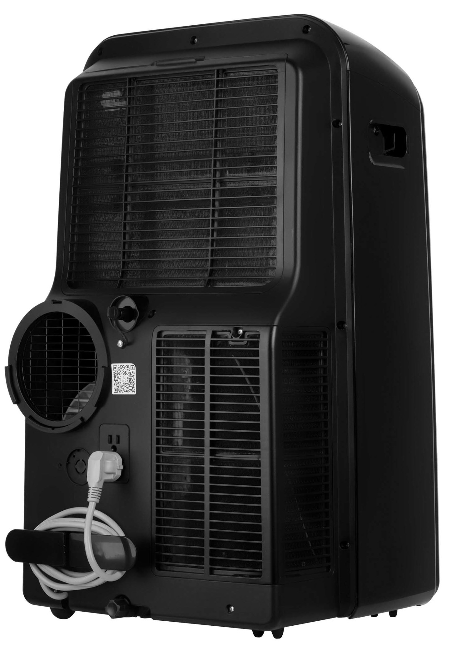 Czarny przenośny klimatyzator, widok z tyłu. Posiada otwory wentylacyjne, wtyczkę i kabel.