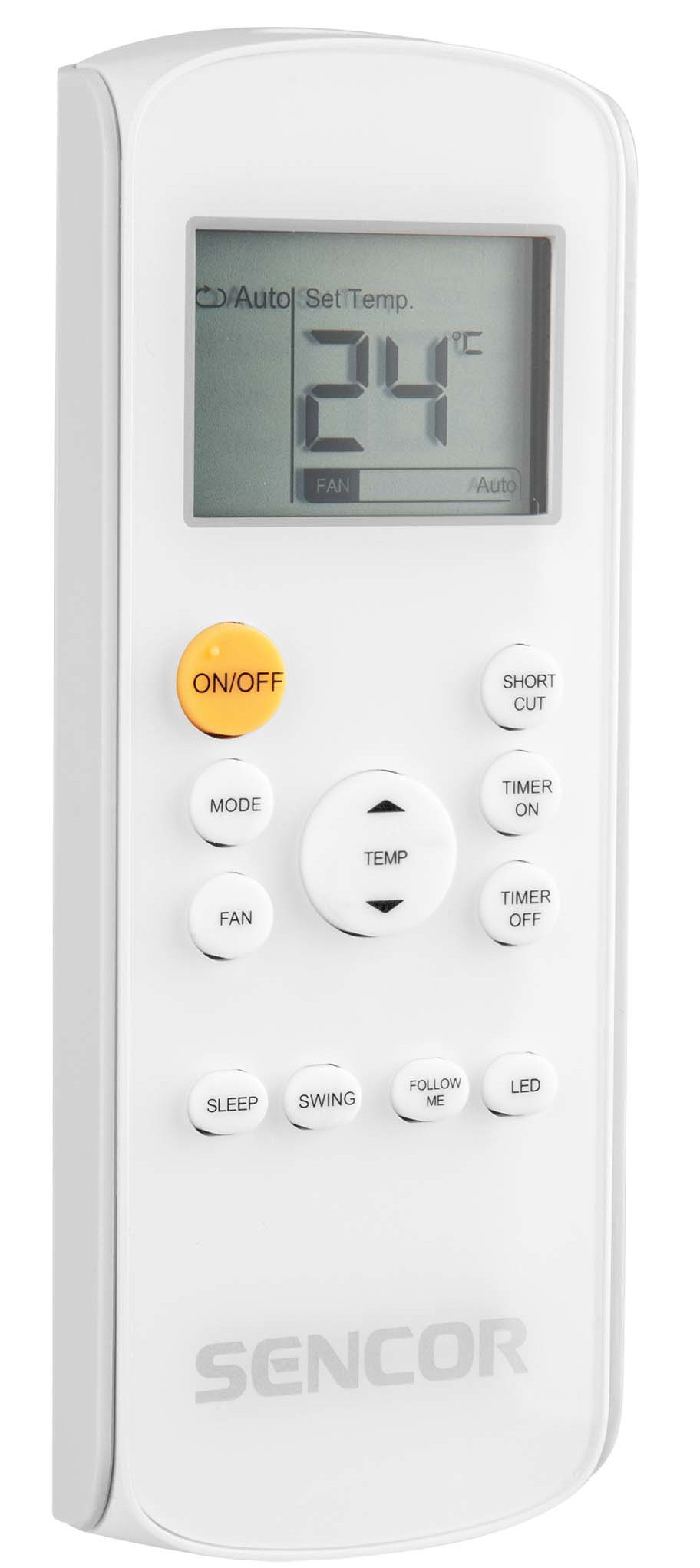 Biały pilot z przyciskami i ekranem wyświetlającym '24°C'.
