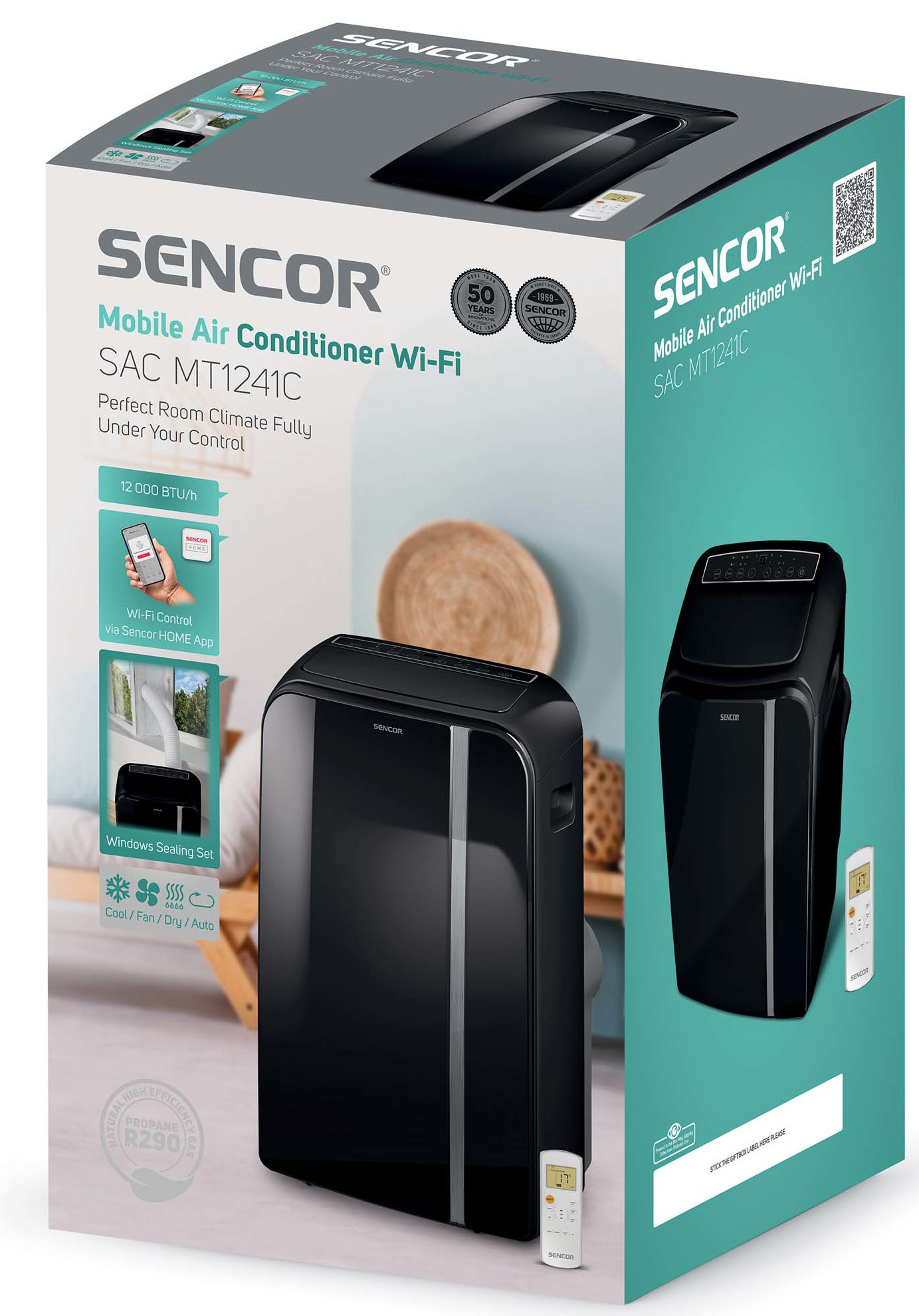 Czarne pudełko klimatyzatora przenośnego Sencor z czarnym klimatyzatorem i pilotem.