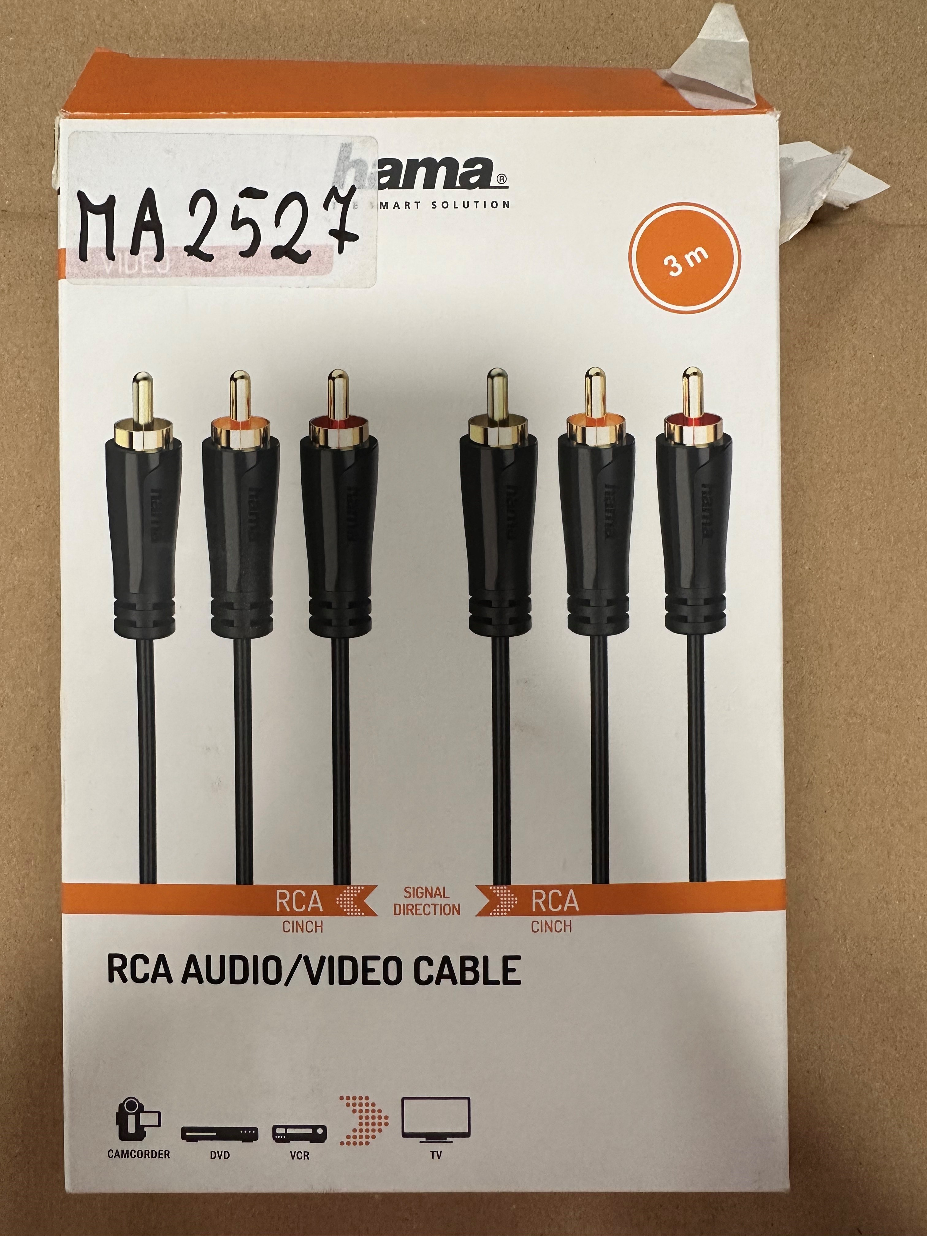 Pudełko kabli audio/wideo RCA z sześcioma czarnymi kablami i złotymi złączami.