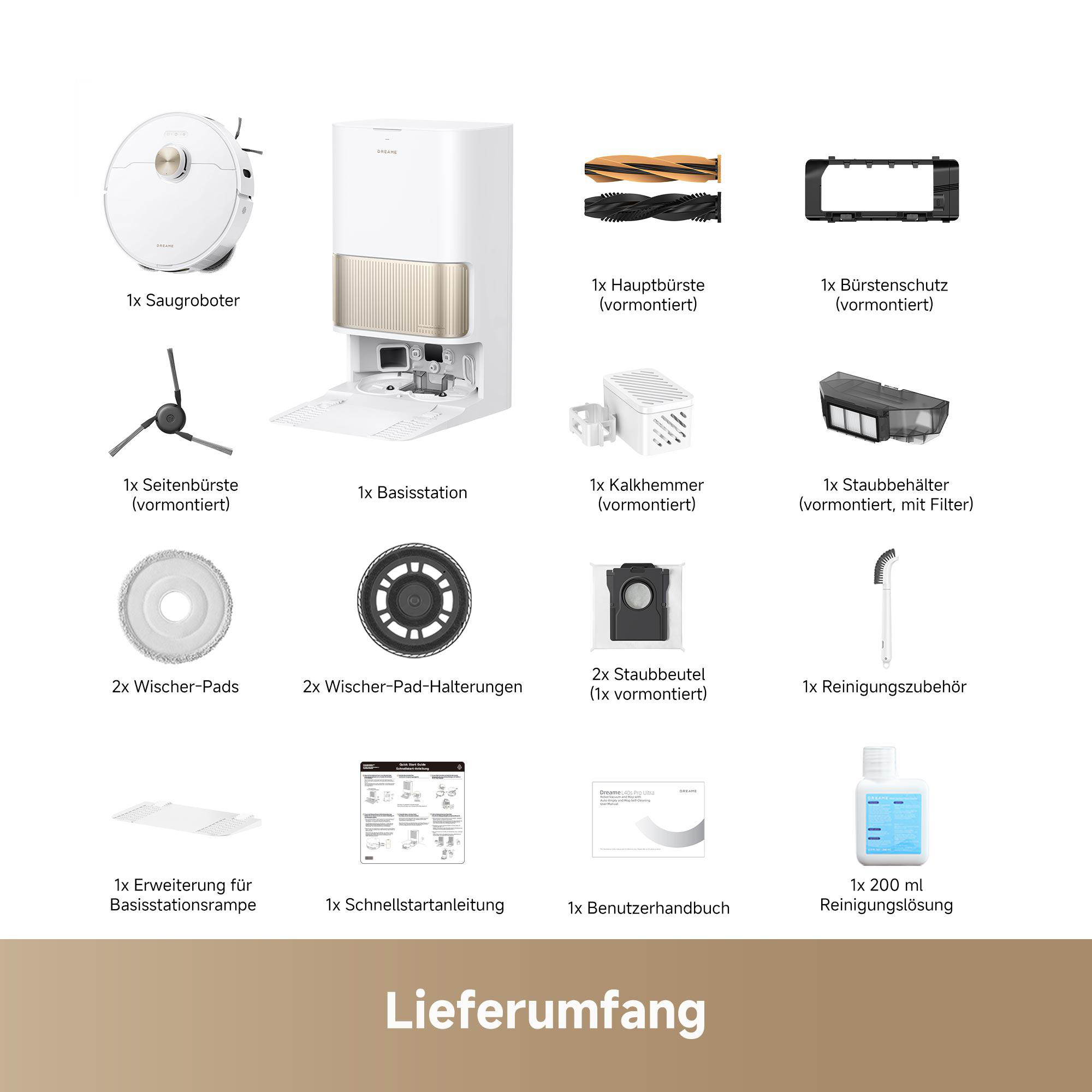 Verschiedene Teile eines Roboter-Staubsaugers, plus Zubehör.