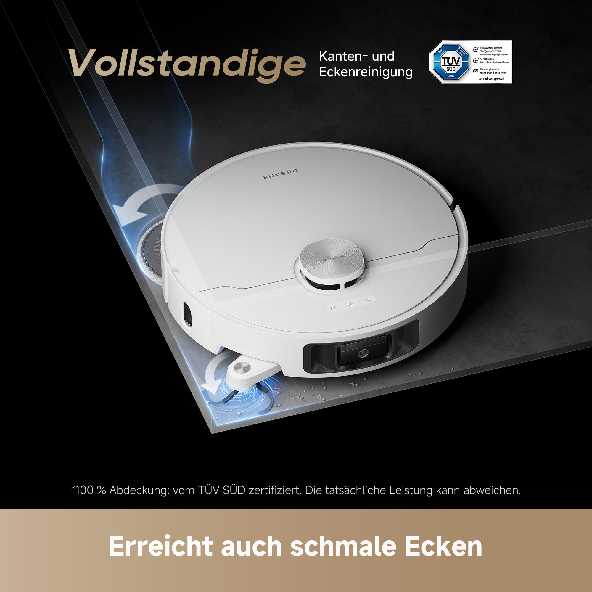 Weißer Roboter-Staubsauger auf Fliesenboden. Text über Kantenausrichtung ist sichtbar.