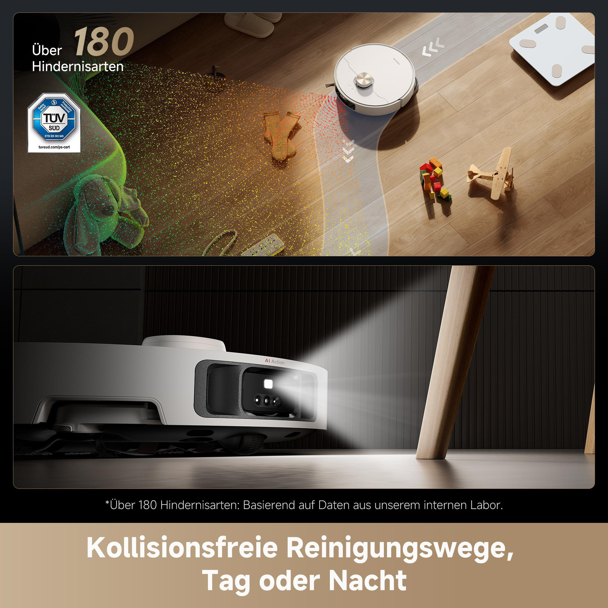 Ein weißer Roboter-Staubsauger reinigt einen Holzboden mit Spielzeug im Hintergrund. Ein TÜV-Logo ist sichtbar.