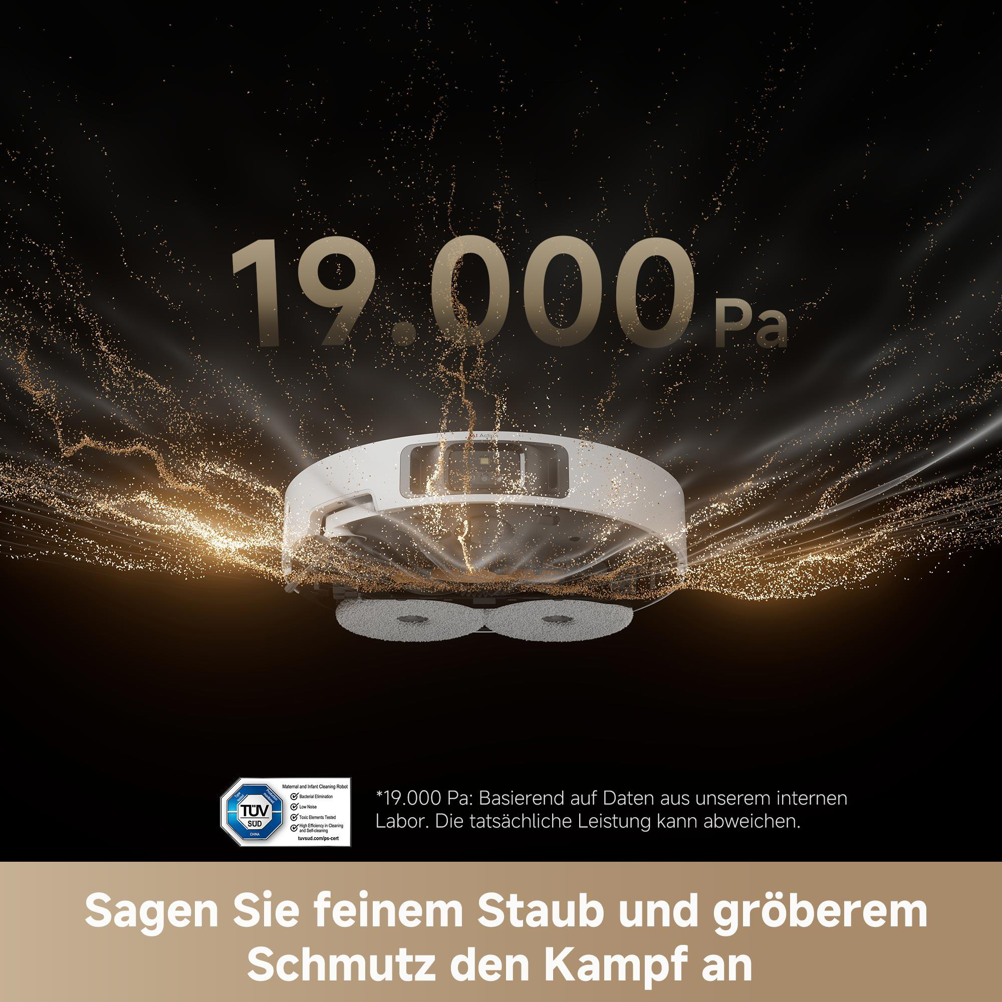 Ein weißer Roboter-Staubsauger auf dunklem Hintergrund, mit Text zur Staub- und Schmutzentfernung.