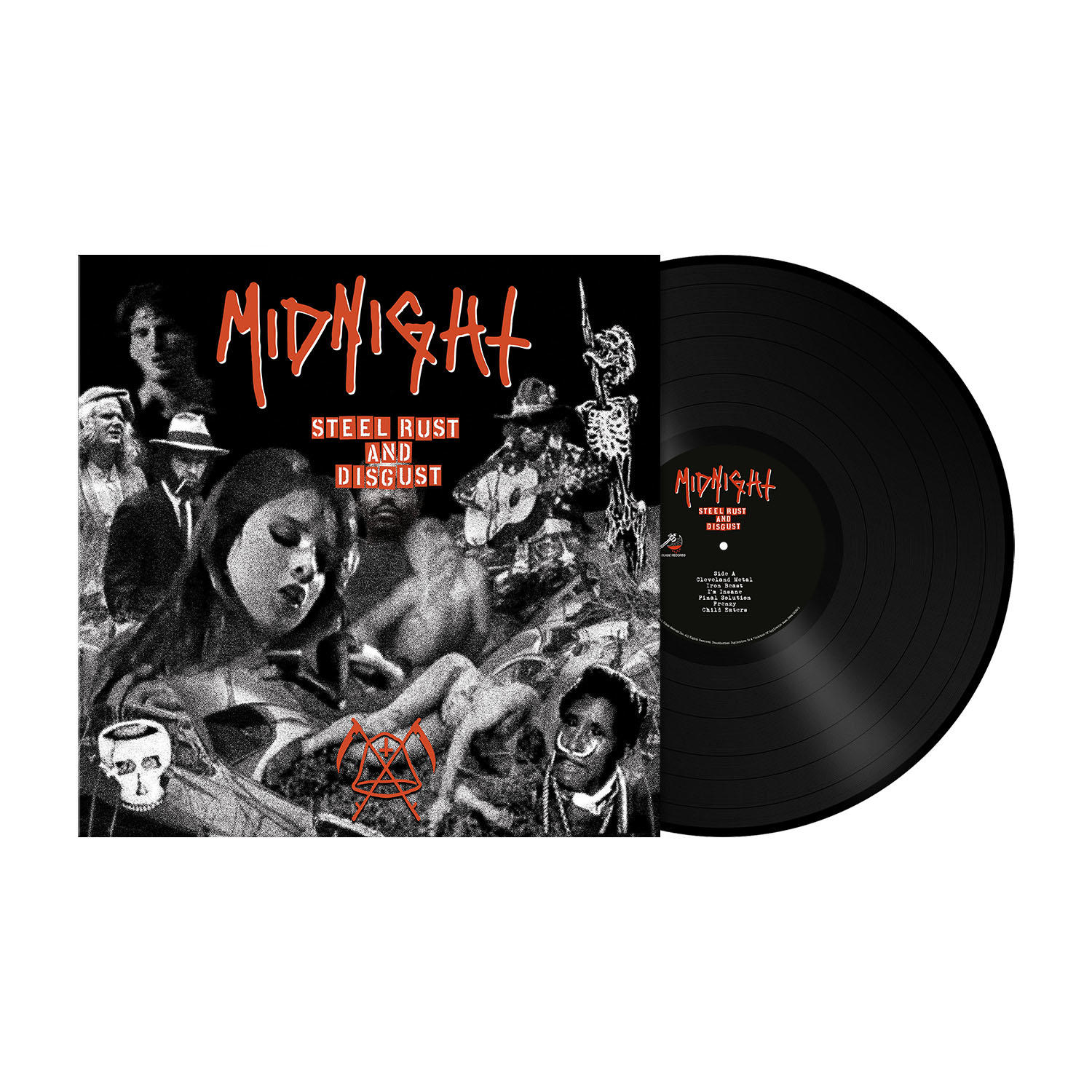 Albumcover von "Midnight: Steel Rust and Disgust" mit Bandmitgliedern und einer schwarzen Schallplatte.