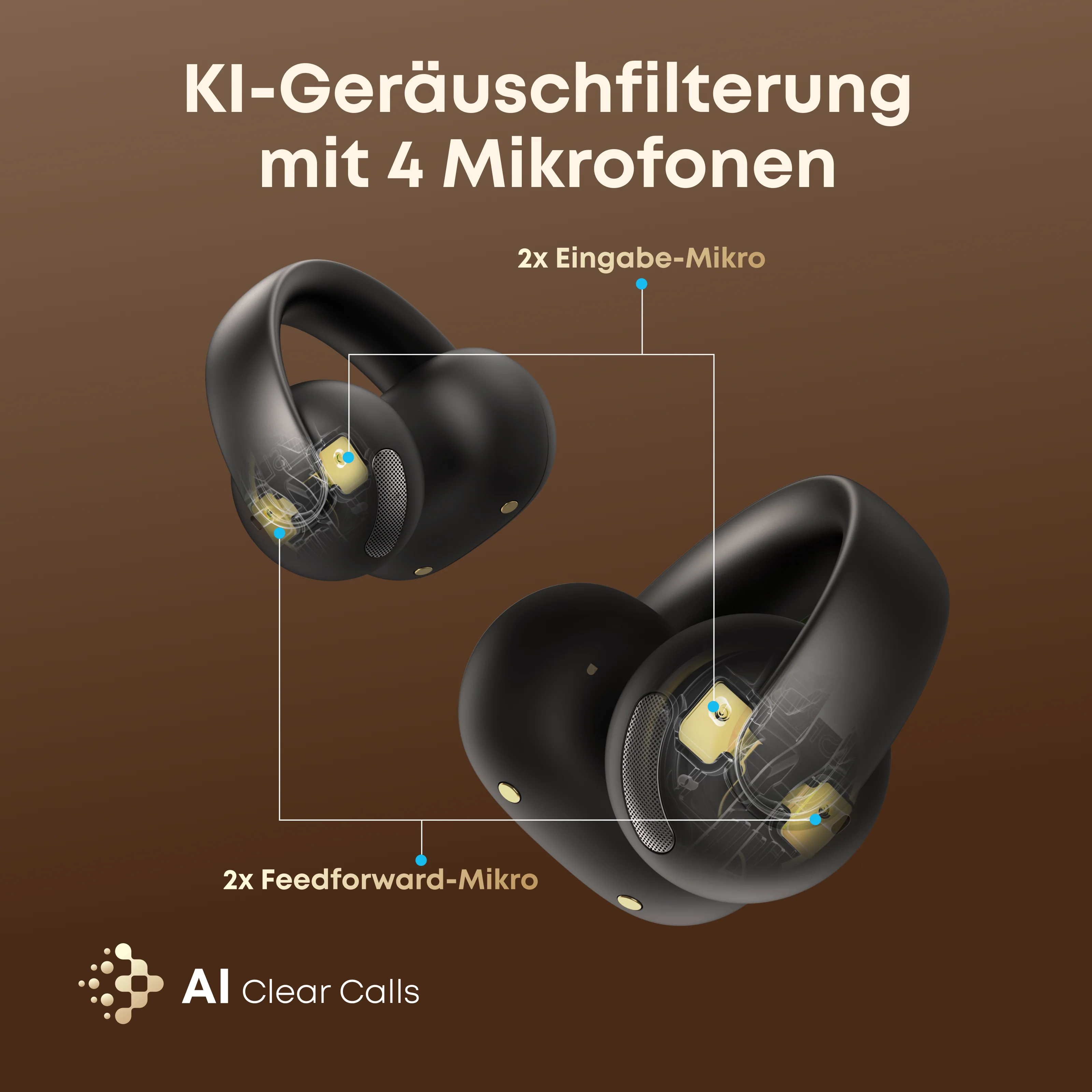 Nahaufnahme von schwarzen kabellosen Ohrhörern mit einem Diagramm, das die Mikrofonplatzierungen zeigt.