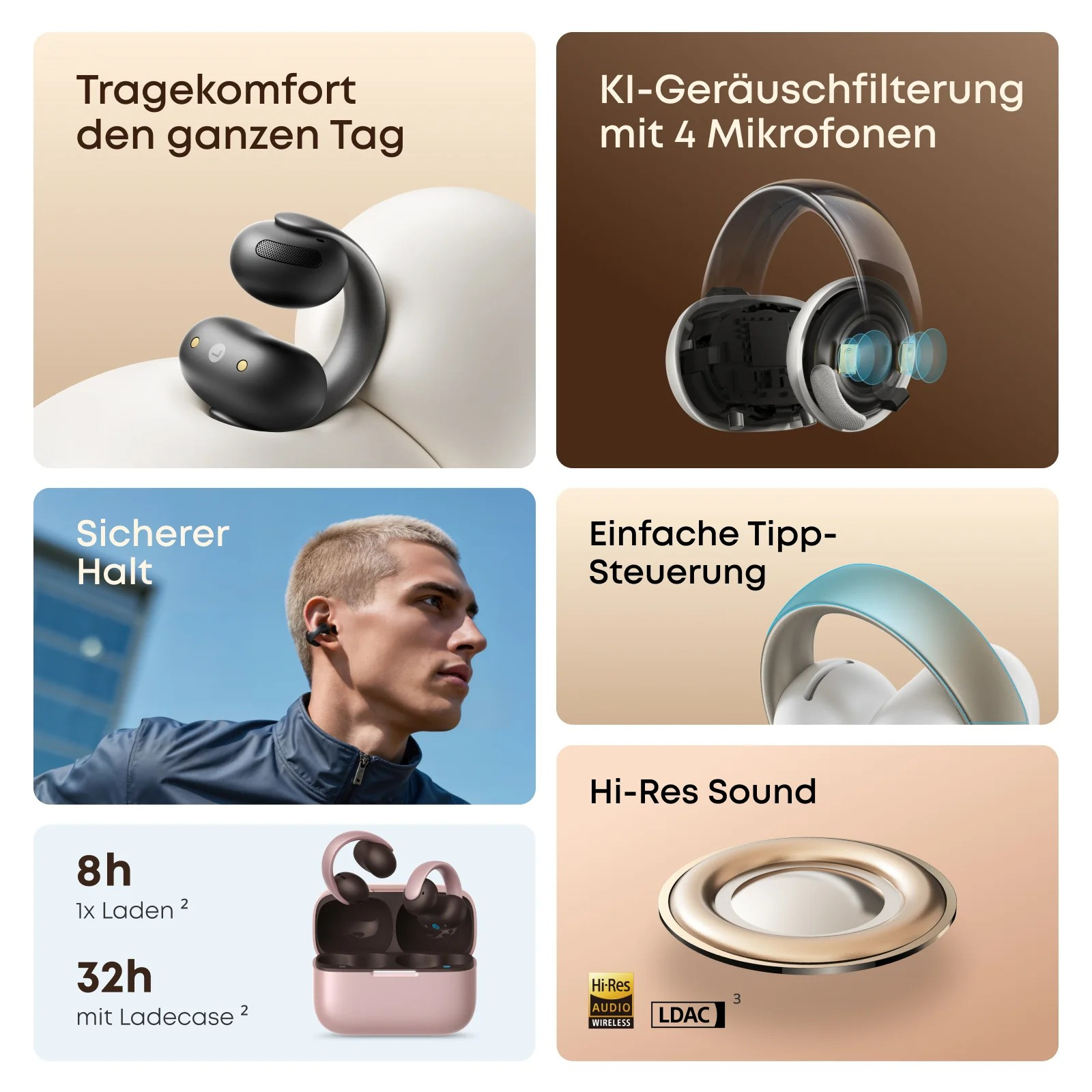 Mehrere Bilder, die Headset-Funktionen zeigen. Ohrhörer, Over-Ear und Funktionen.