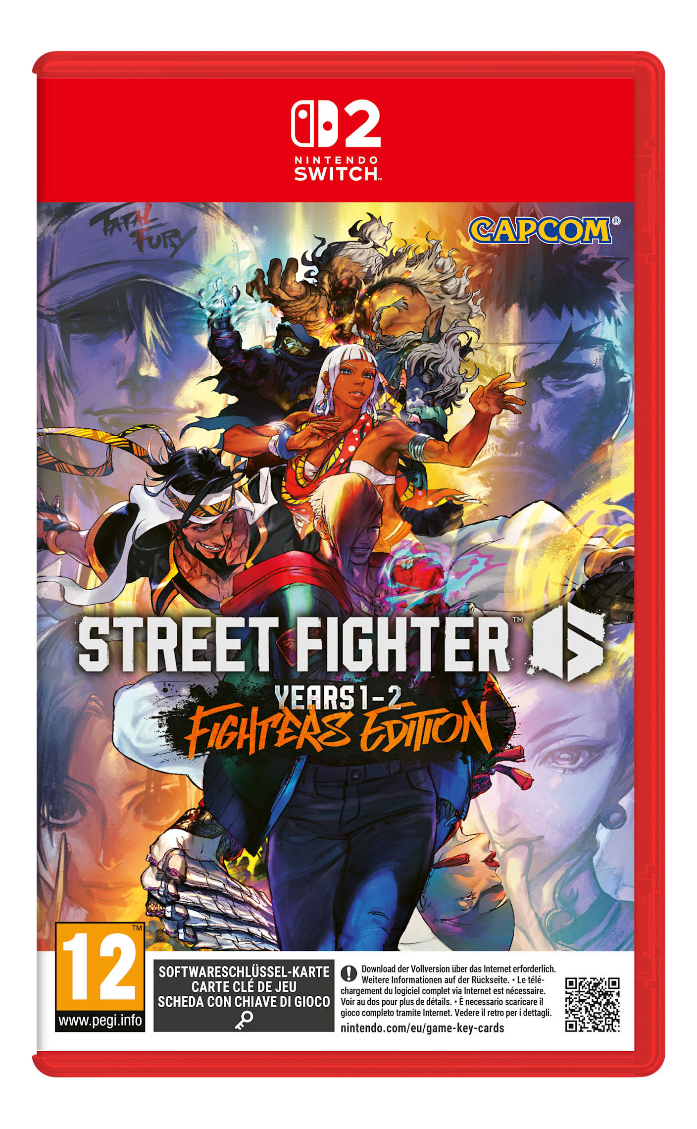 Scatola di gioco Nintendo Switch. Street Fighter Years 1-2. Fighters Edition su sfondo rosso con personaggi.