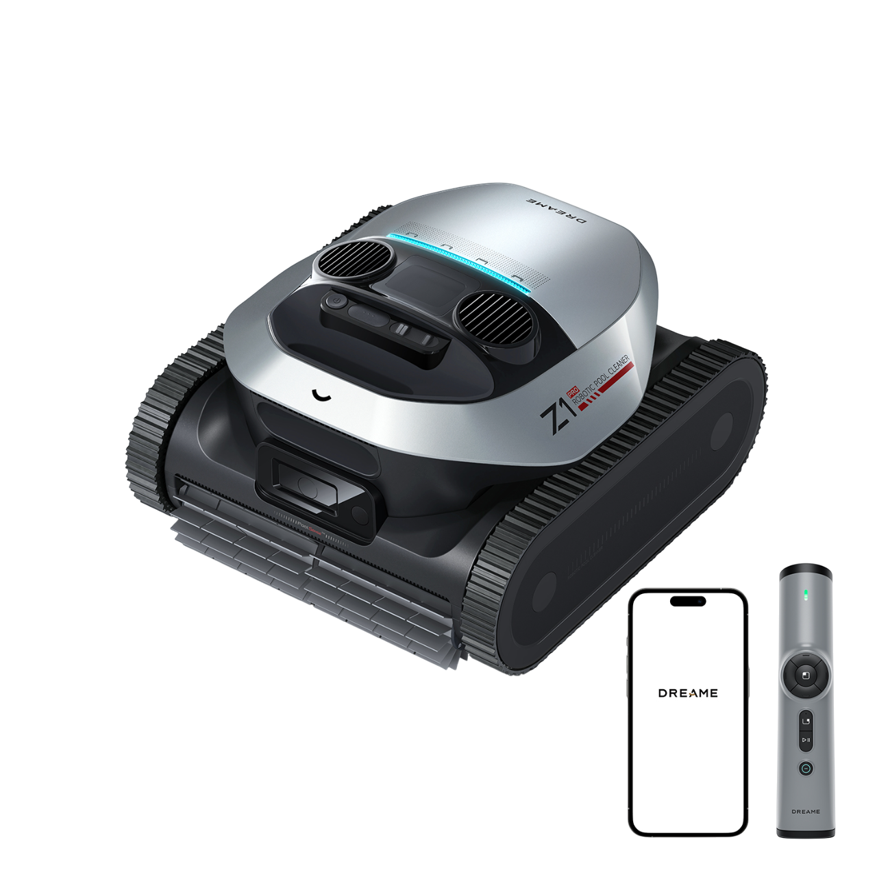 Roboter-Staubsauger mit silbernem Oberteil und schwarzen Ketten. Enthält ein Telefon und eine Fernbedienung.