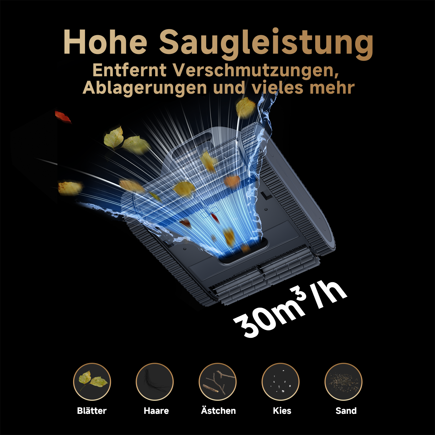 Schwarzer Roboter-Staubsauger mit Blättern, Haaren und Sand.