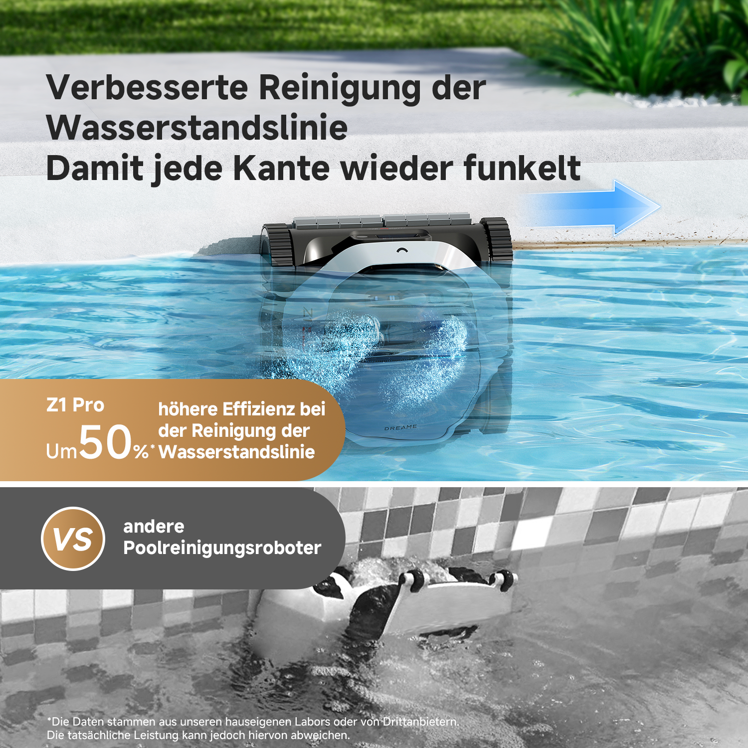 Poolroboter in einem Pool. Vergleich mit einem anderen Poolreiniger.