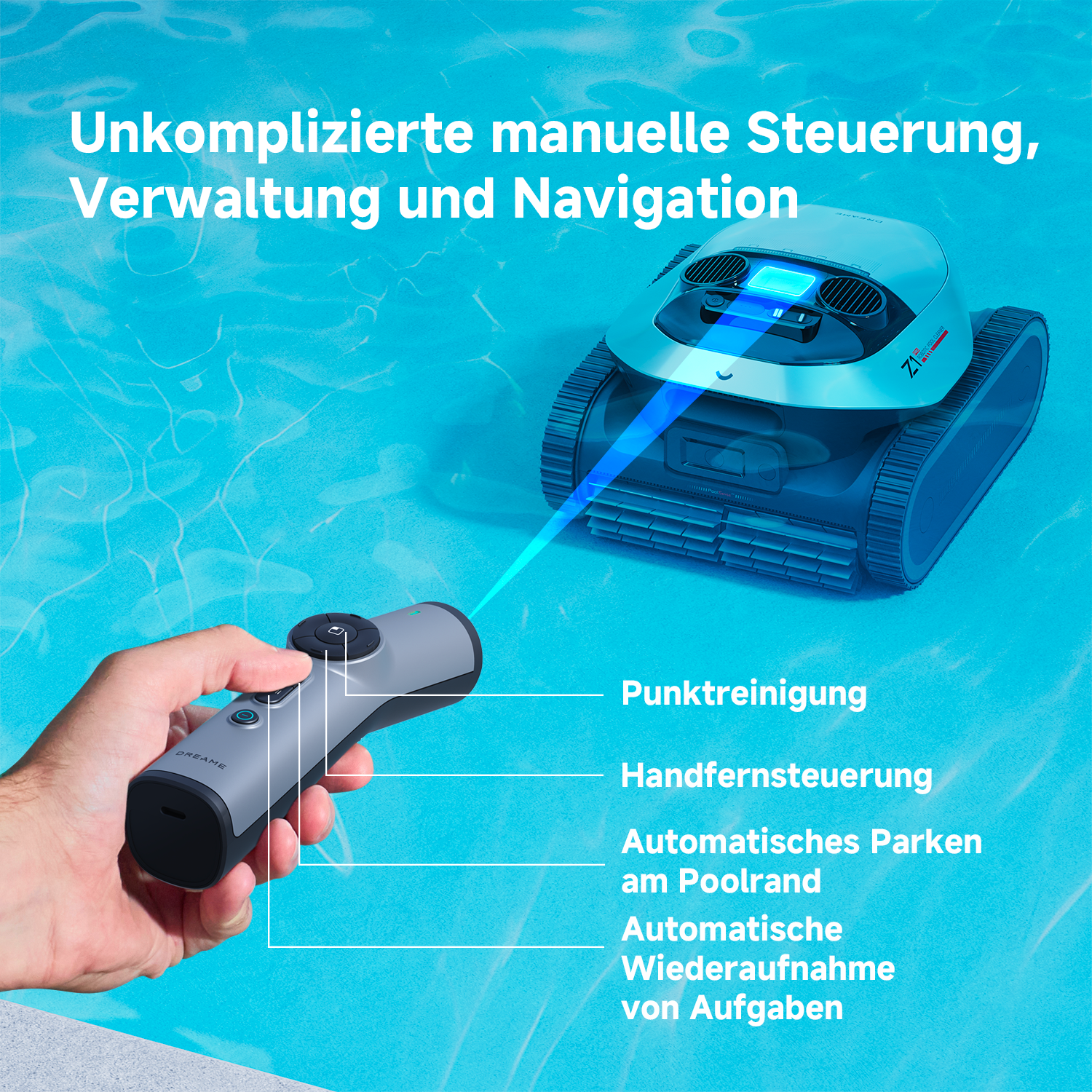 Eine Person benutzt eine Fernbedienung, um einen Roboter-Poolreiniger in blauem Wasser zu steuern.