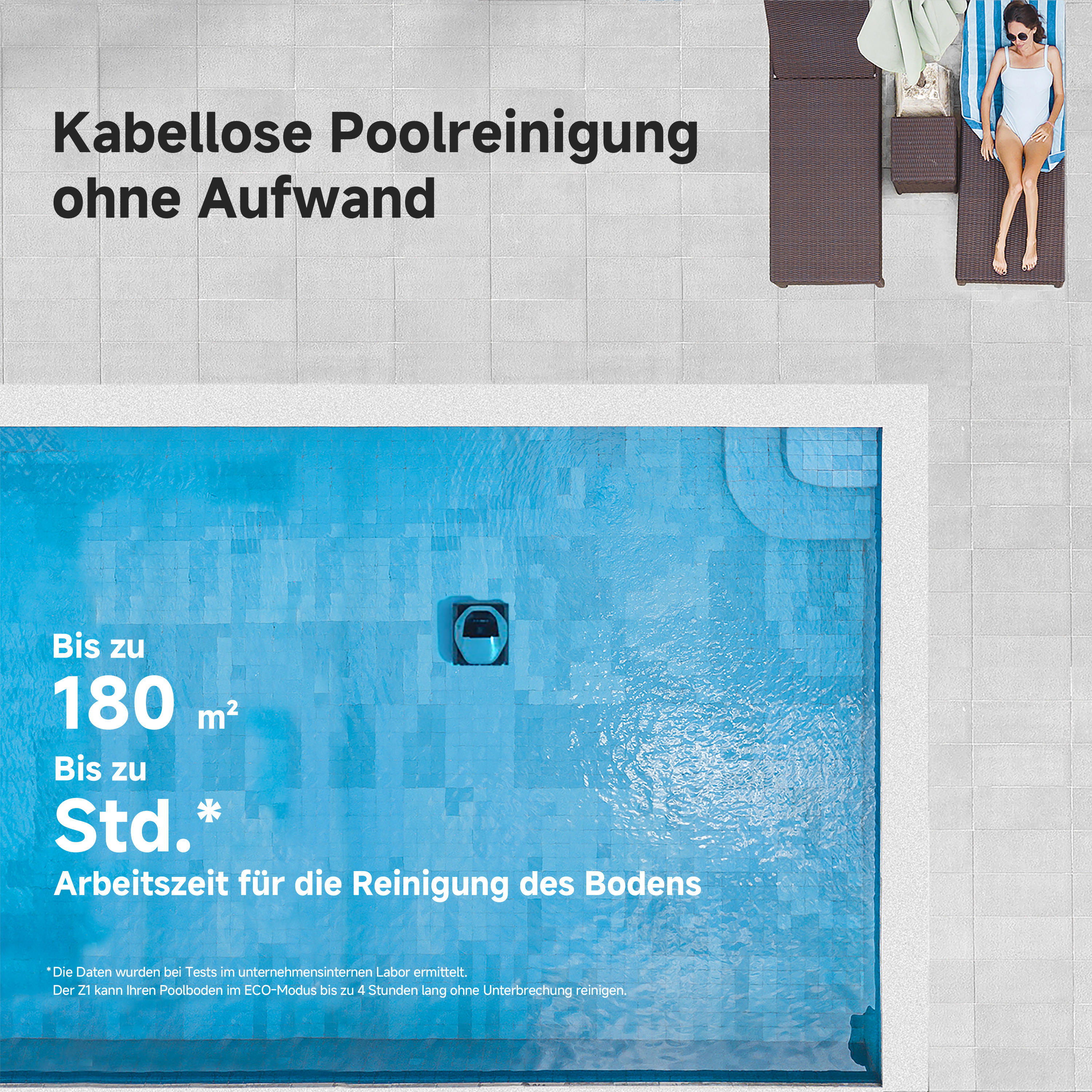 Draufsicht auf einen Pool mit Roboterreiniger, Person sonnt sich auf einer Liege.