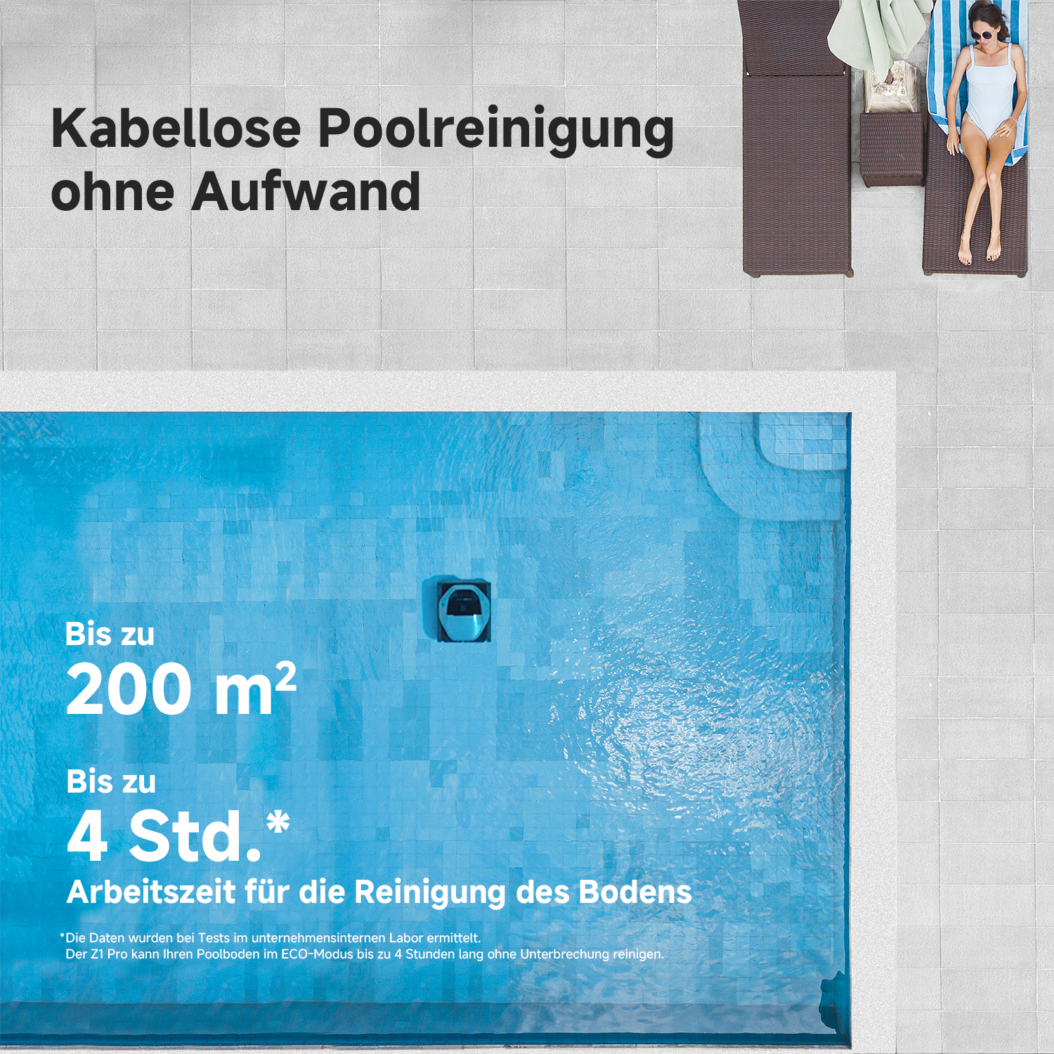 Ein Pool mit einem Roboterreiniger. Eine Person sonnt sich auf einem Stuhl. Draufsicht.
