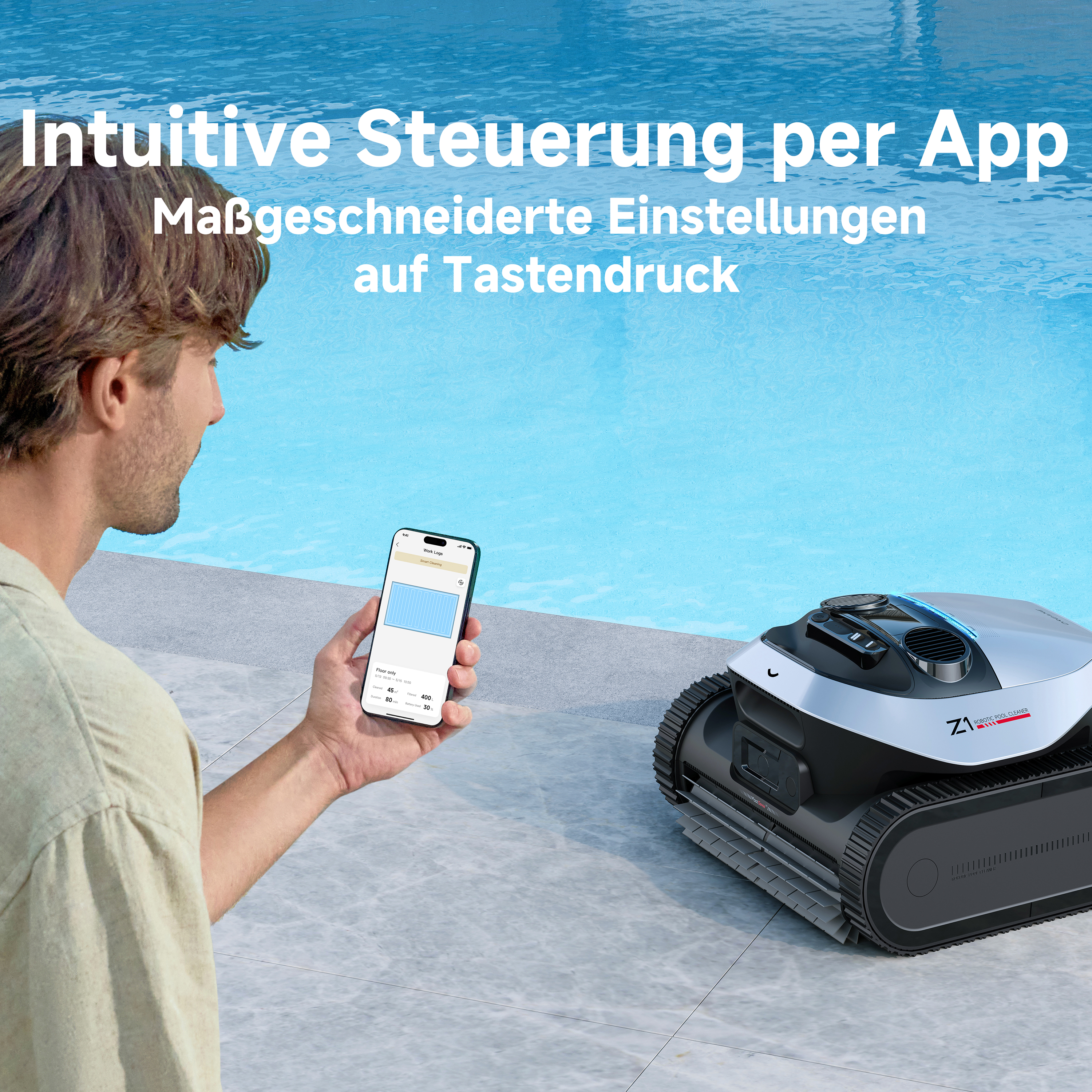 Mann benutzt Telefon, Roboterreiniger im Hintergrund. Blauer Pool.