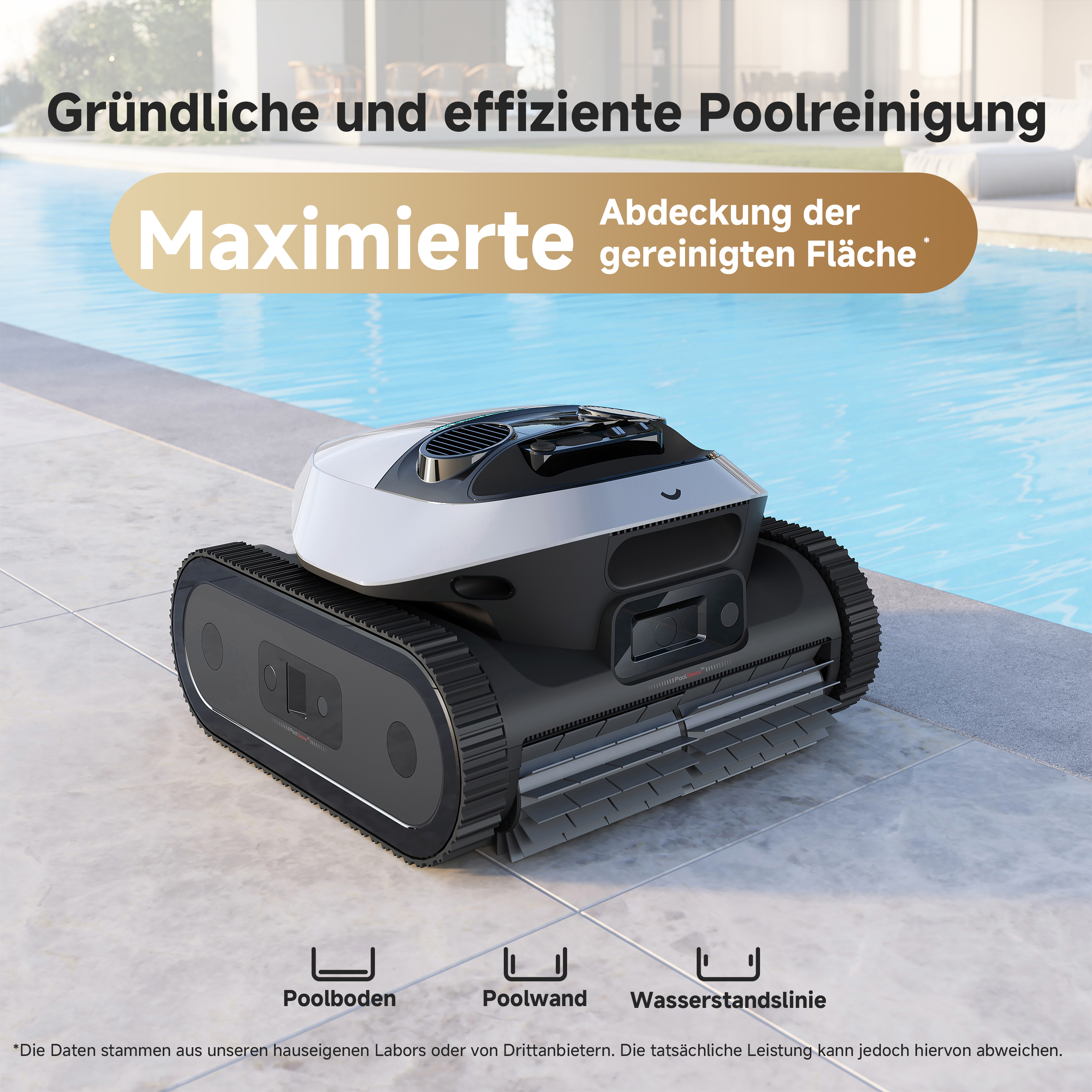 Roboter-Poolreiniger auf einer Terrasse, mit Text, der Poolreinigung und Oberflächen beschreibt.