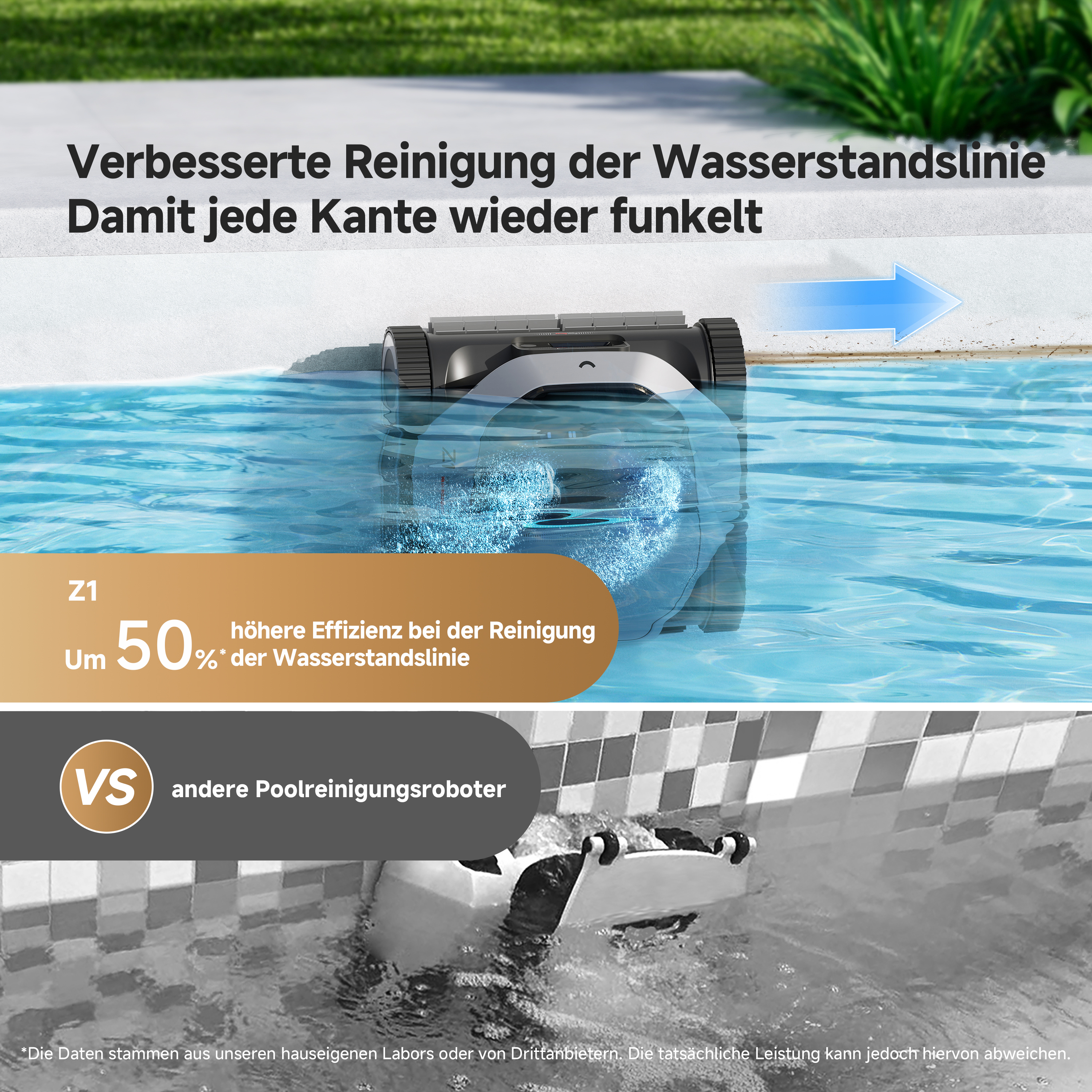 Poolroboter reinigt Wasserlinie, mit Text und Vergleichen. Zeigt einen Reiniger und seine Funktionen.