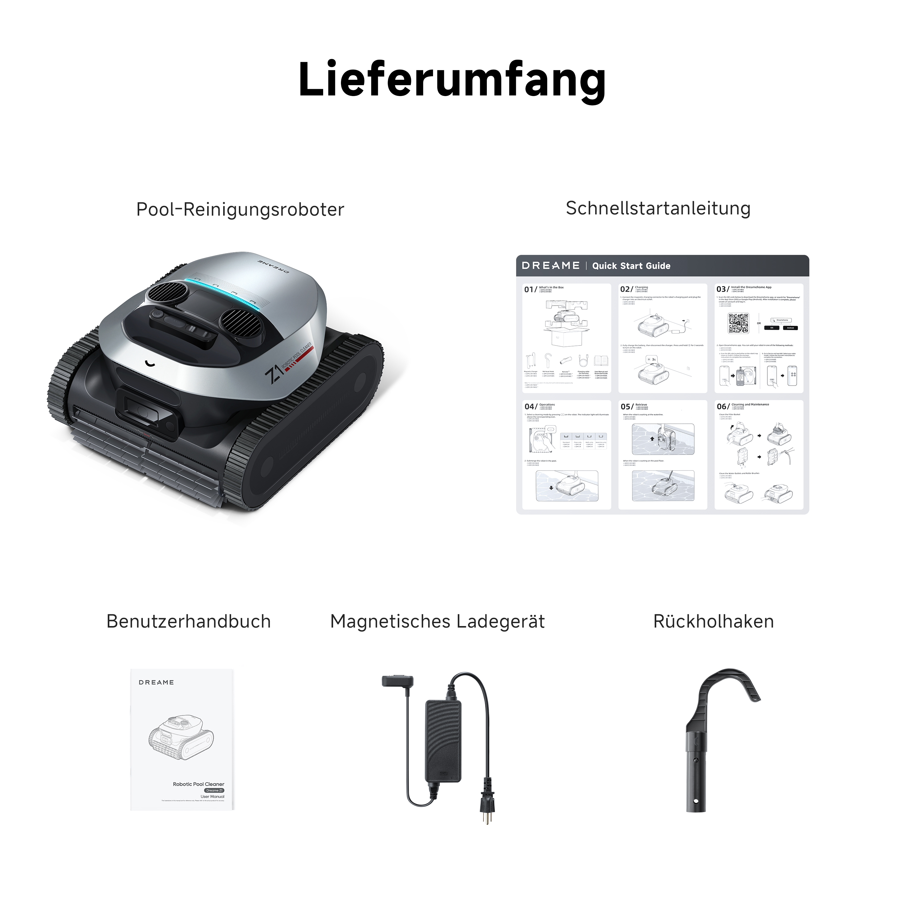Robotischer Poolreiniger, Bedienungsanleitung, Ladegerät und andere Werkzeuge auf weißem Grund.