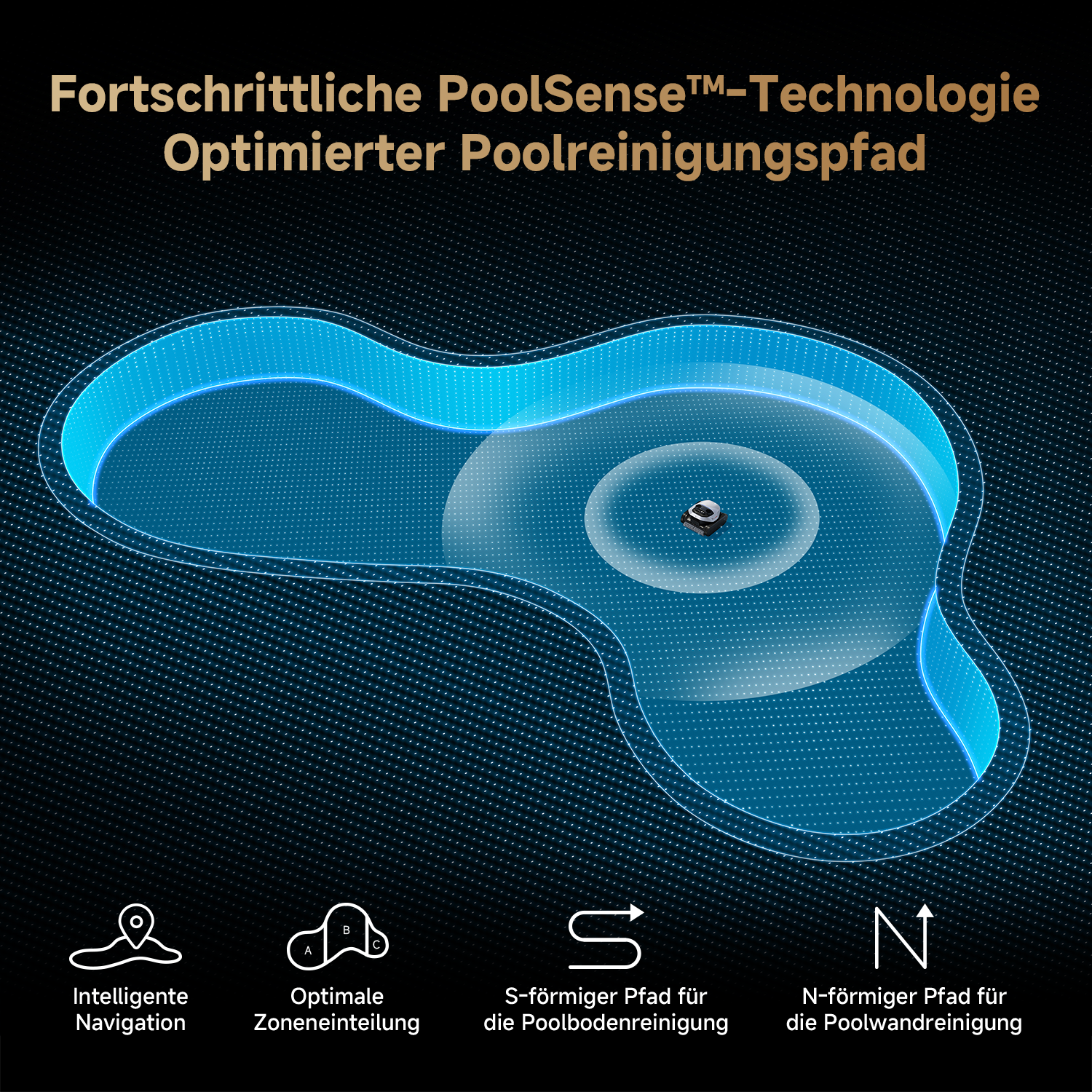 PoolSense-Technologie-Diagramm, Pool und Pfeile.