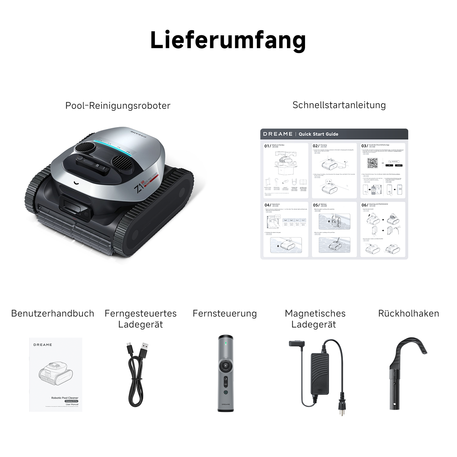 Bild zeigt Poolroboter, Schnellstartanleitung, Handbuch, Ladegerät, Fernbedienung und Rückholhaken.