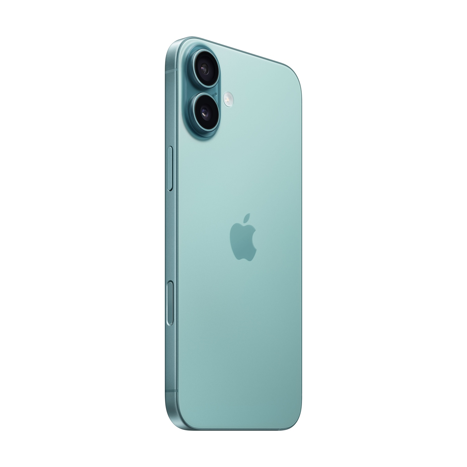 Un iPhone 16 azzurro chiaro, vista posteriore, con doppia fotocamera e logo Apple.