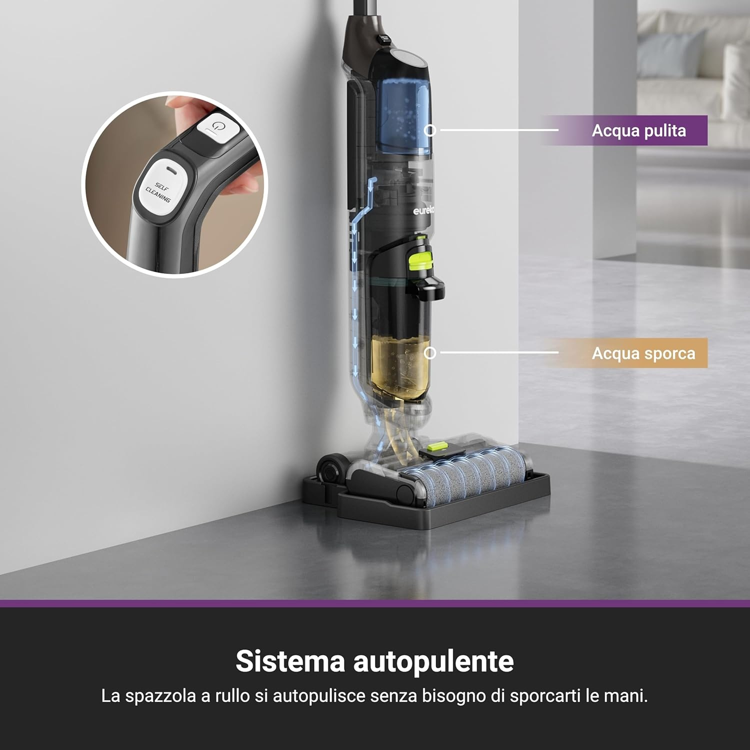 Aspirapolvere con scomparti per acqua pulita e sporca e funzione autopulente.