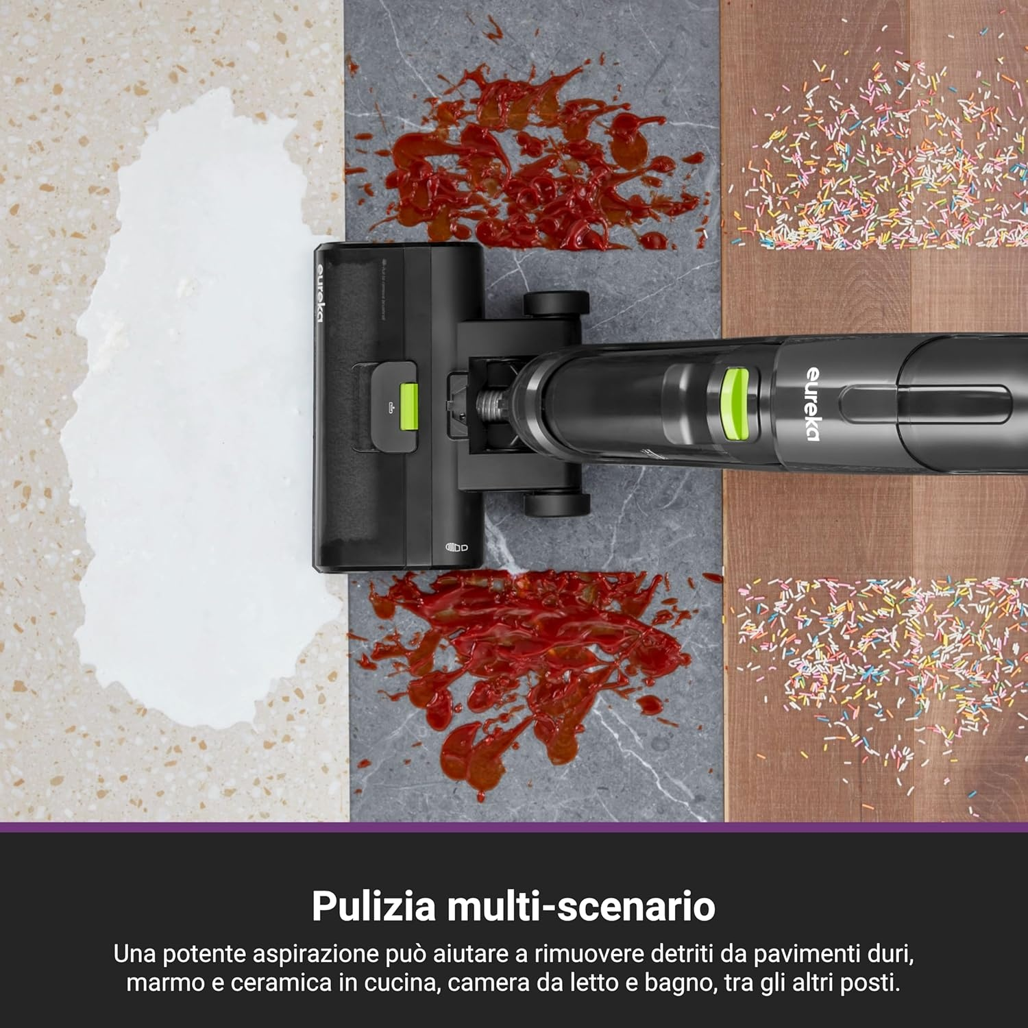 Una testina di aspirapolvere pulisce diverse superfici con vari versamenti: bianco, rosso e zuccherini colorati.