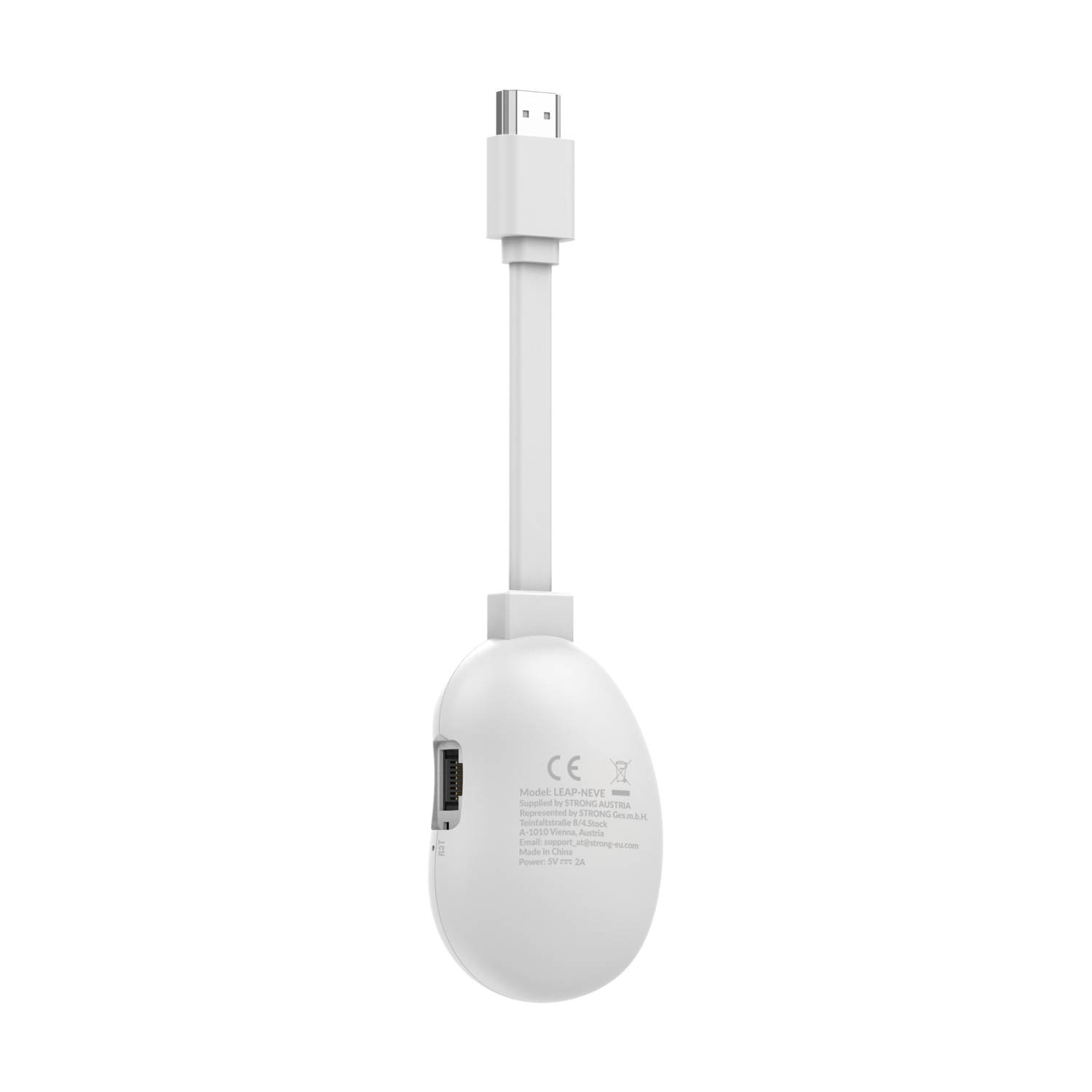 Dispositivo bianco con connettore USB-C. Ha un cavo corto e il marchio CE è visibile.