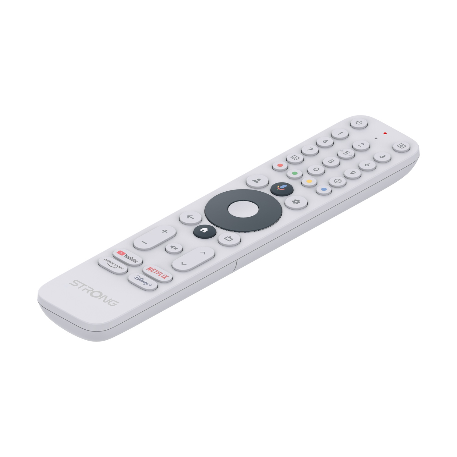 Un telecomando bianco con vari pulsanti, inclusi i pulsanti del volume, del canale e del servizio di streaming.