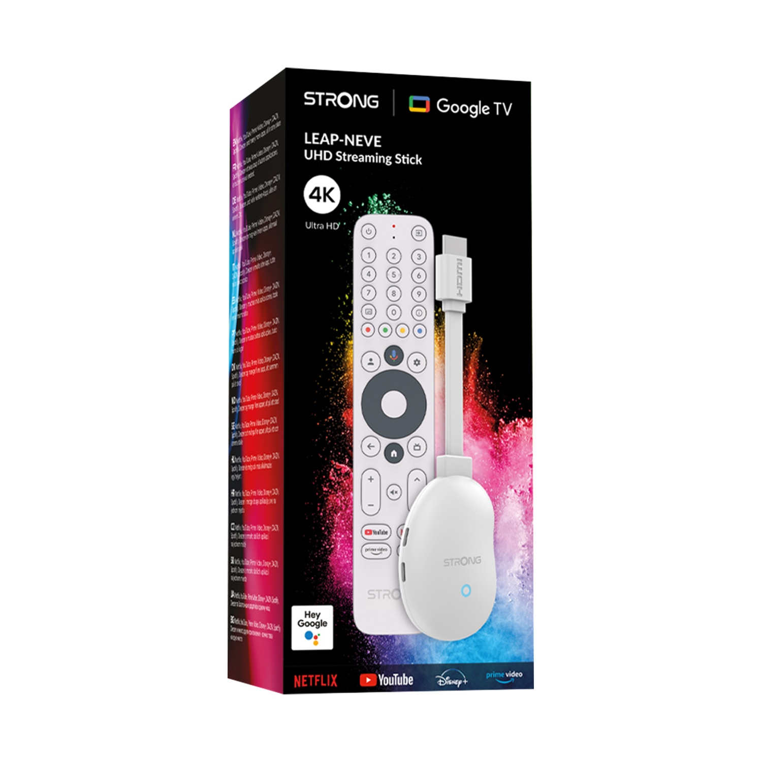 Una scatola con uno streaming stick, telecomando e sfondo colorato.