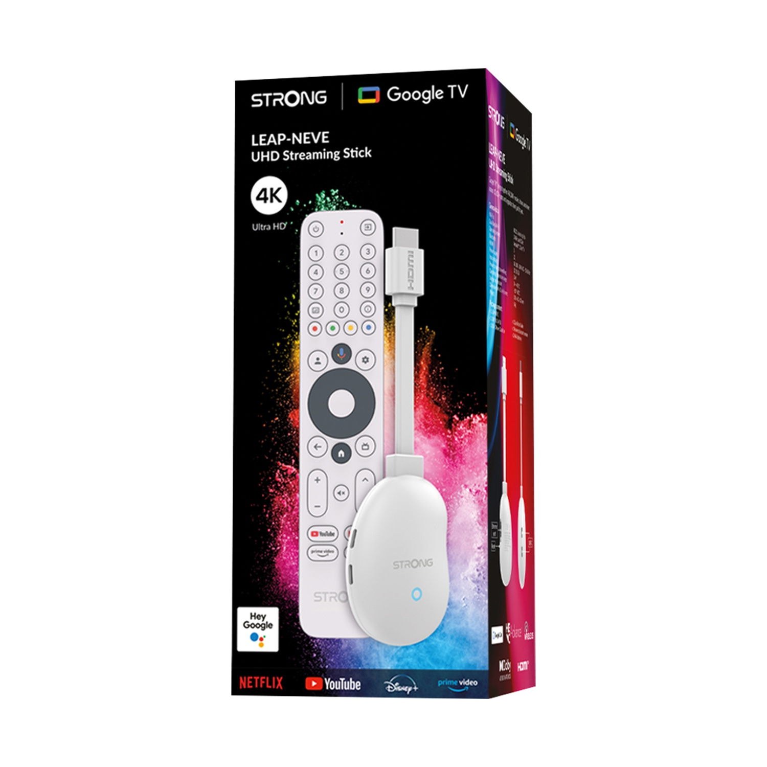 Scatola streaming stick con telecomando, 4K e logo Google TV.