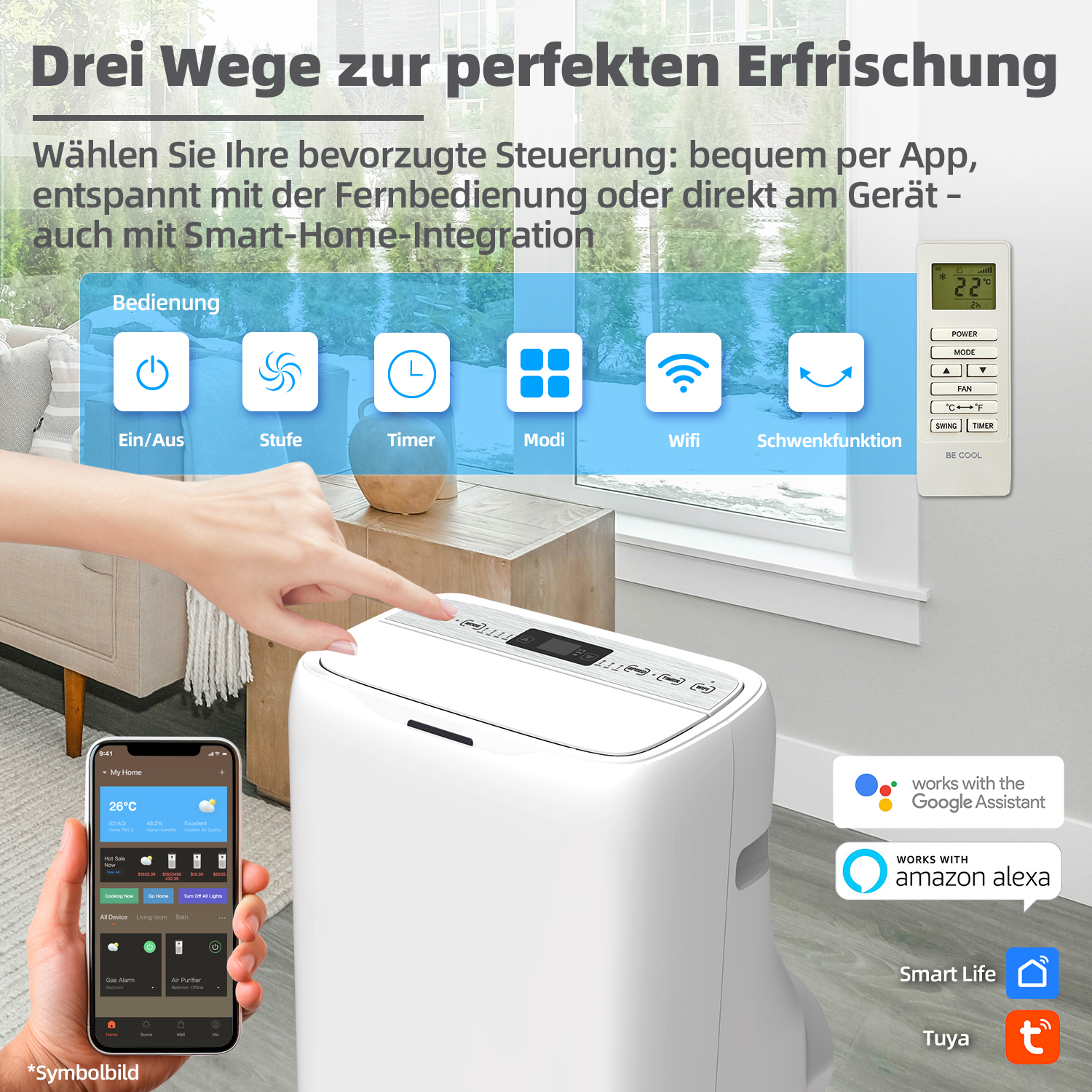 Luftreiniger mit Telefon und Fernbedienung, verschiedene Steuerungsmöglichkeiten.