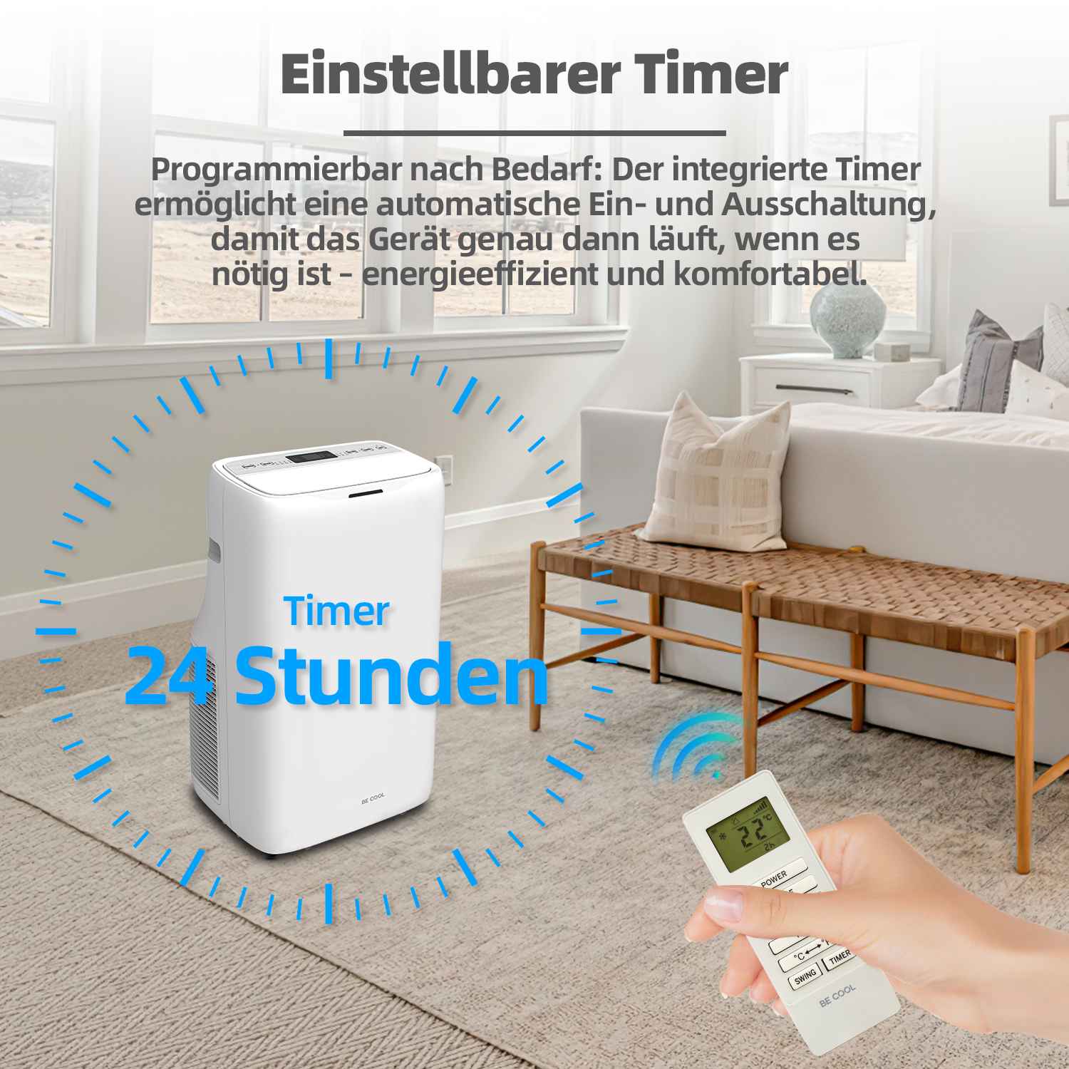 Ein Klimagerät mit Zeiteinstellung, gesteuert von einer Fernbedienung, in einem Raum platziert.