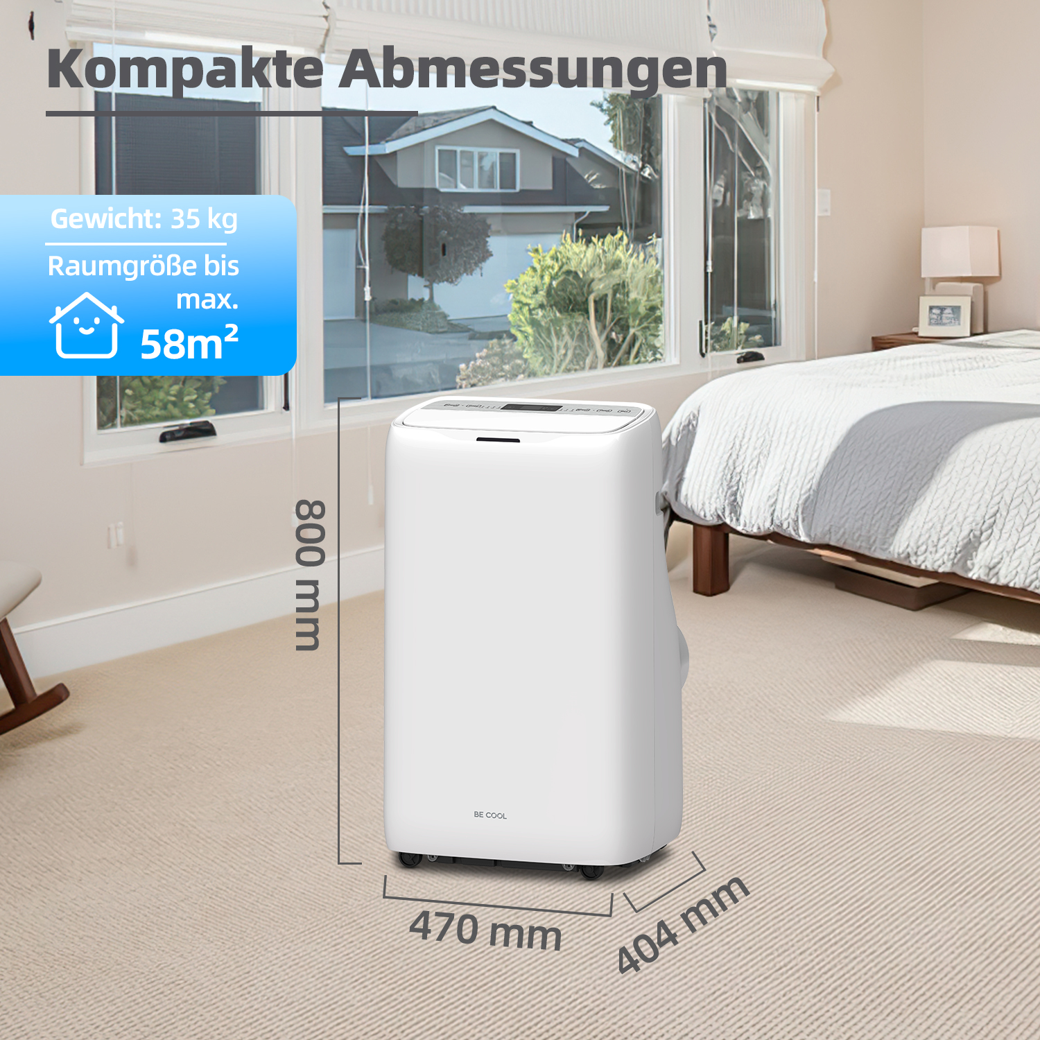 Weißer Klimaanlage auf Rädern. Text: Gewicht 35 kg, Raumgröße bis zu 58m².