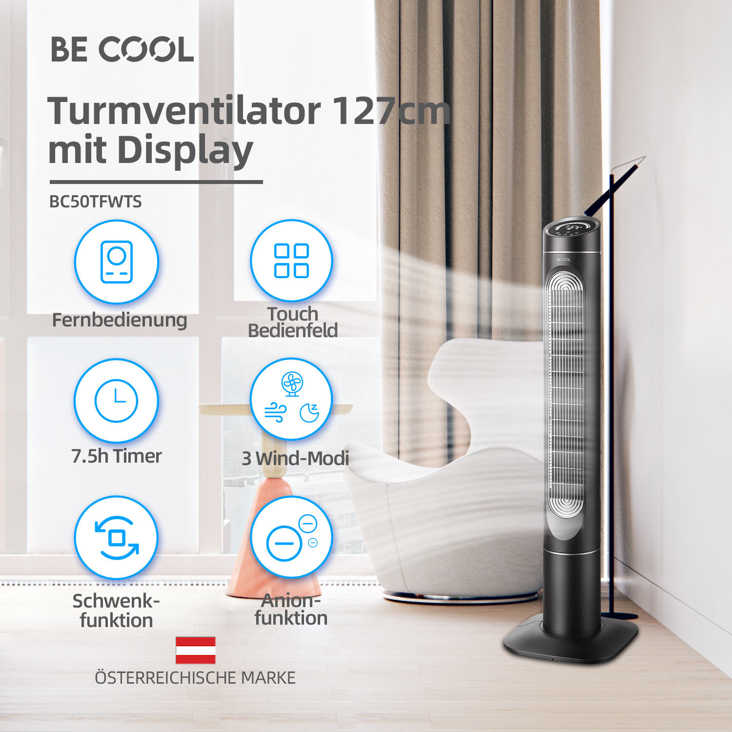 Schwarzer Turmventilator mit Display. Der Ventilator befindet sich in einer Raumeinstellung, mit Funktionssymbolen.
