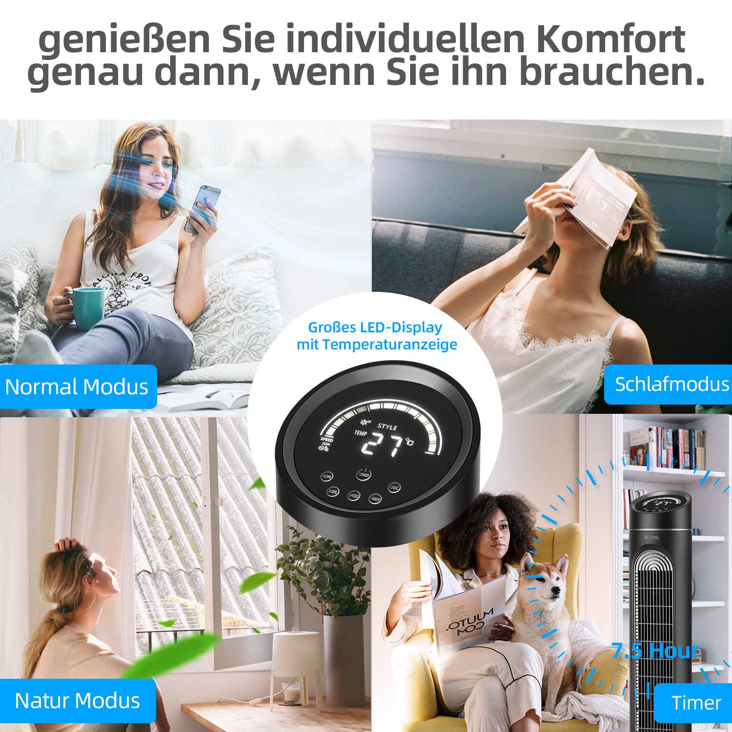 Frau mit Telefon, Buch, Wind und Hund neben einem Ventilator.