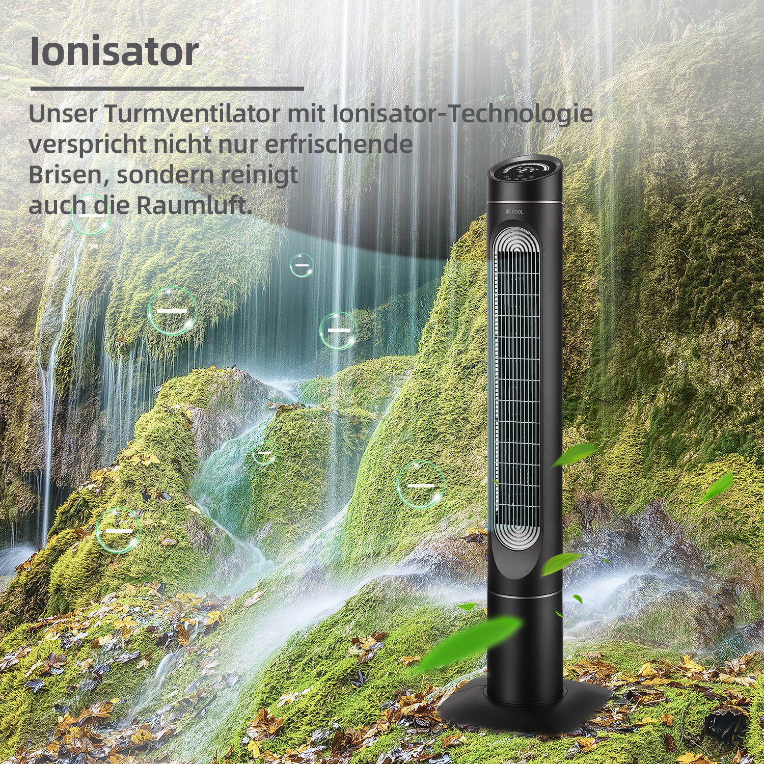 Ein hoher, schwarzer Turmventilator mit Wasserfall-Hintergrund und grünem Laub im Vordergrund.