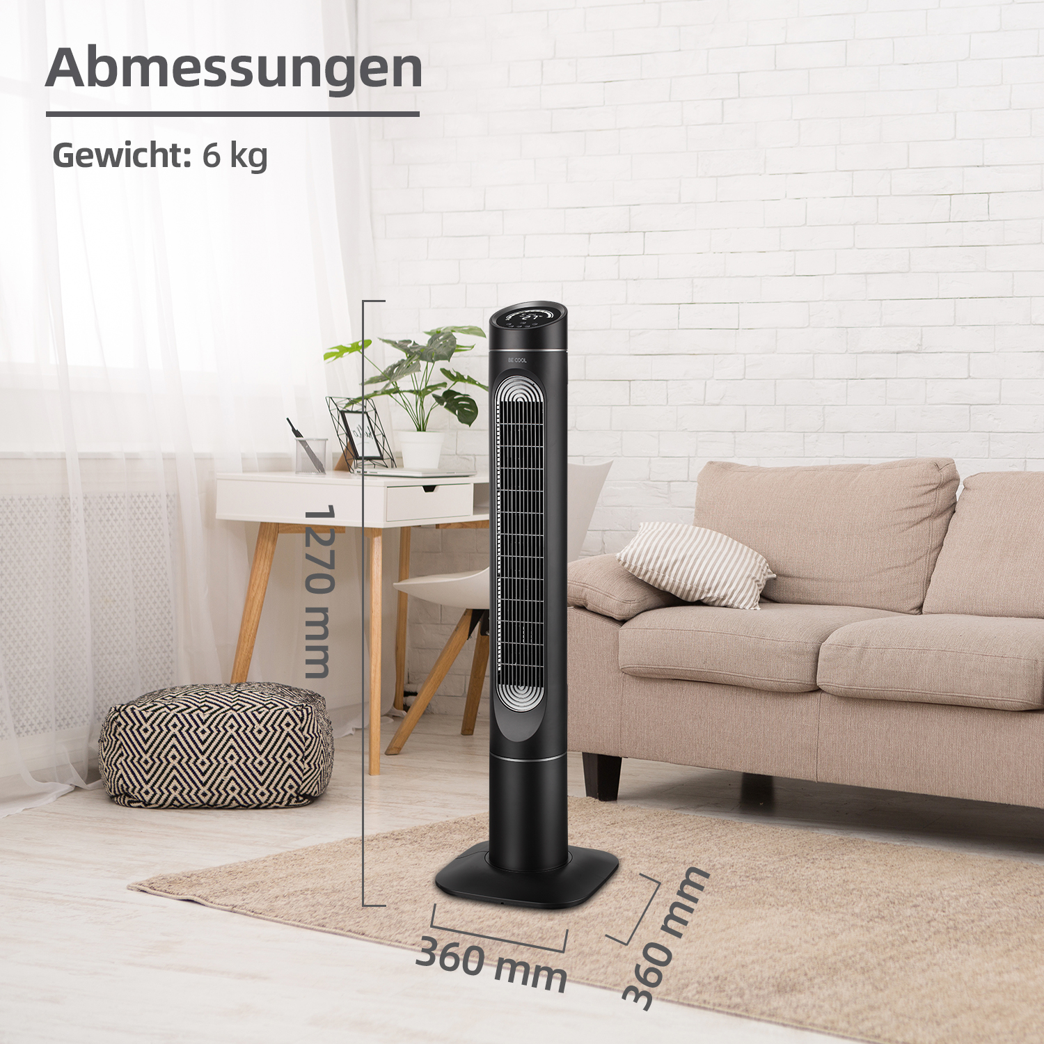 Schwarzer Turmventilator in einer Raumeinstellung. Abmessungen und Gewicht werden angezeigt.