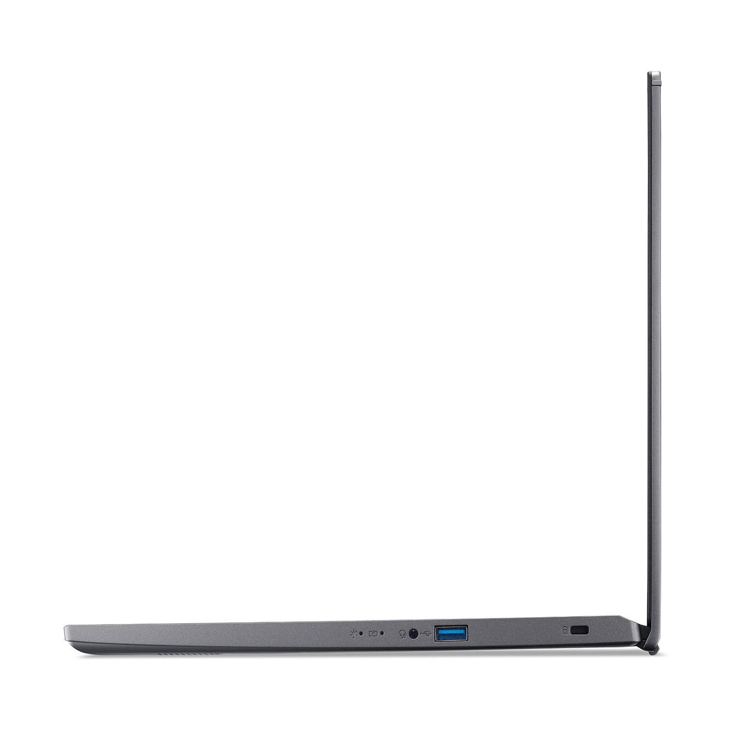 Vista laterale di un laptop grigio con schermo leggermente aperto. Le porte sono visibili sul lato.