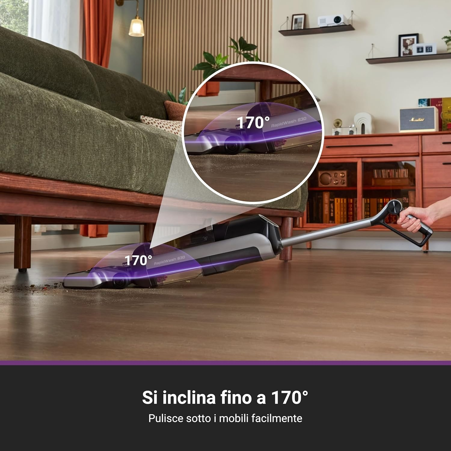 Aspirapolvere che pulisce il pavimento. La testa si inclina di 170 gradi. Pulisce facilmente sotto i mobili.