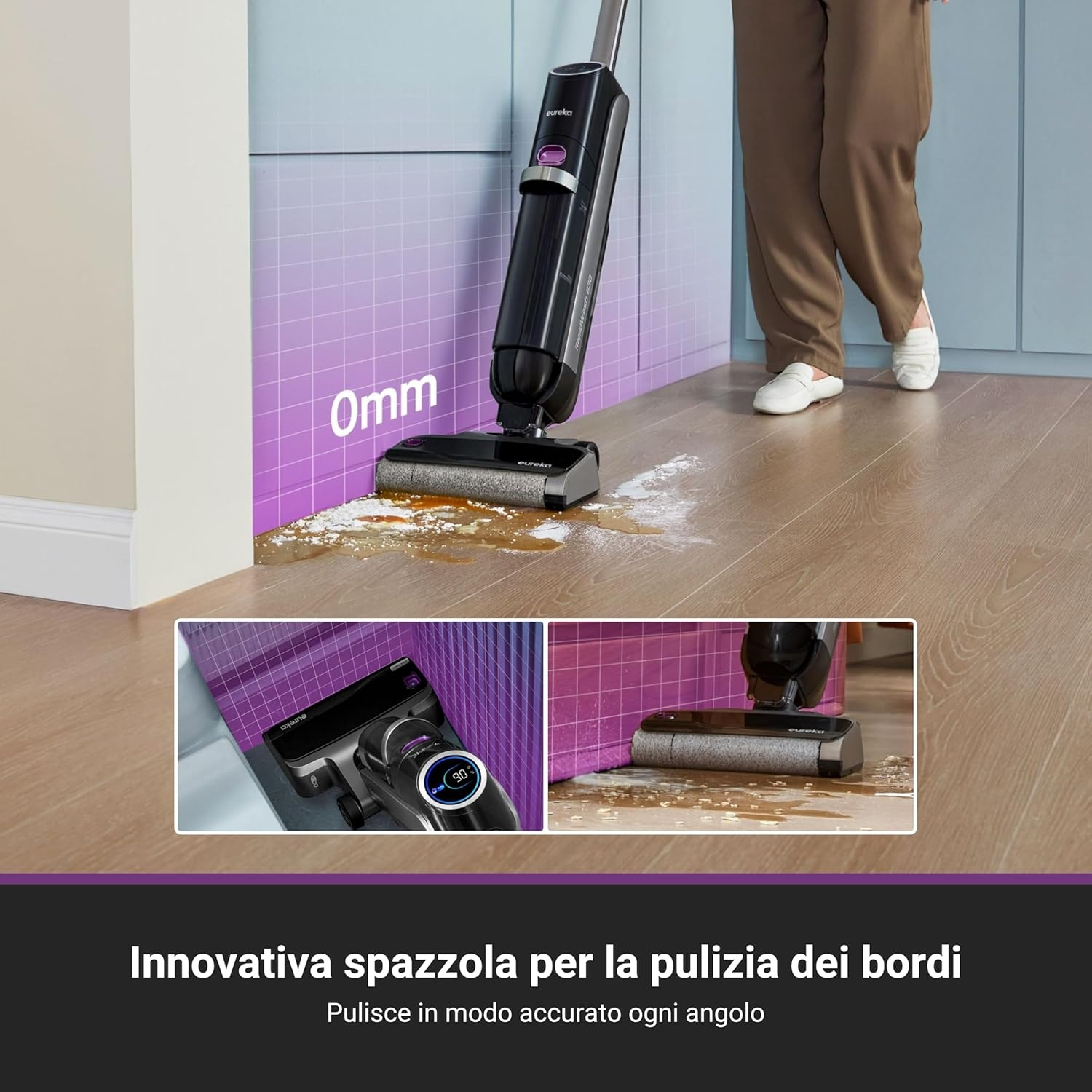 Un aspirapolvere senza fili nero e grigio che pulisce un pavimento, con due immagini.